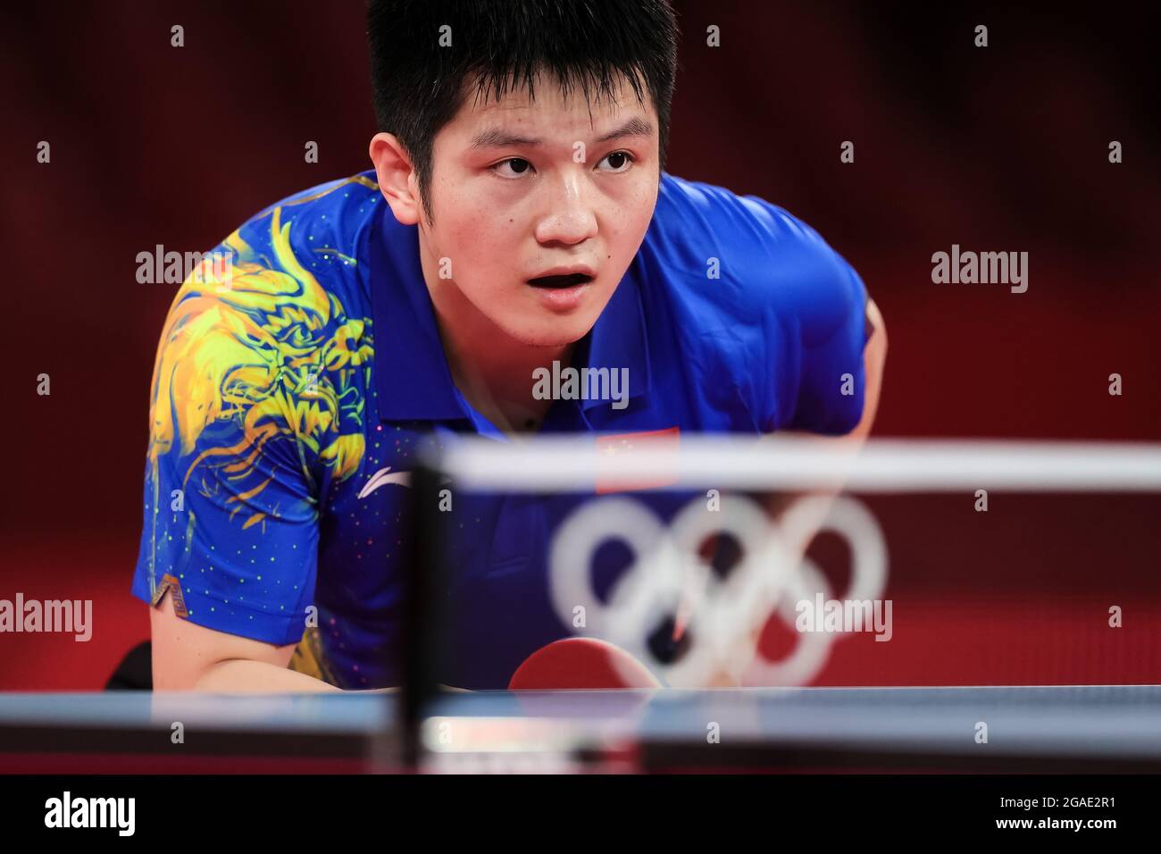 Tokyo, Japan. 30th July, 2021. Fan Zhendong about to receive during the Men's Table Tennis Singles Gold Medal Match between Fan Zhendong of China and Ma Long of China on Day 7 of the Tokyo 2020 Olympic Games. Credit: Pete Dovgan/Speed Media/Alamy Live News Stock Photo