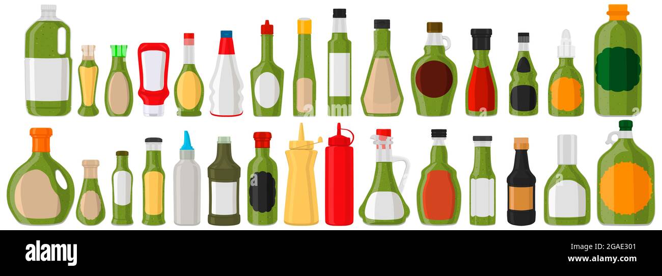 Illustration on theme big kit varied glass bottles filled liquid sauce pesto. Bottles consisting from pesto sauce, empty labels for titles. Sauce pest Stock Vector
