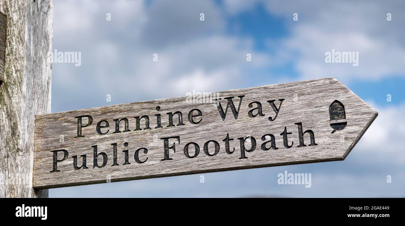 Footpath sign along the 268 mile long Pennine Way in England, UK. Stock Photo