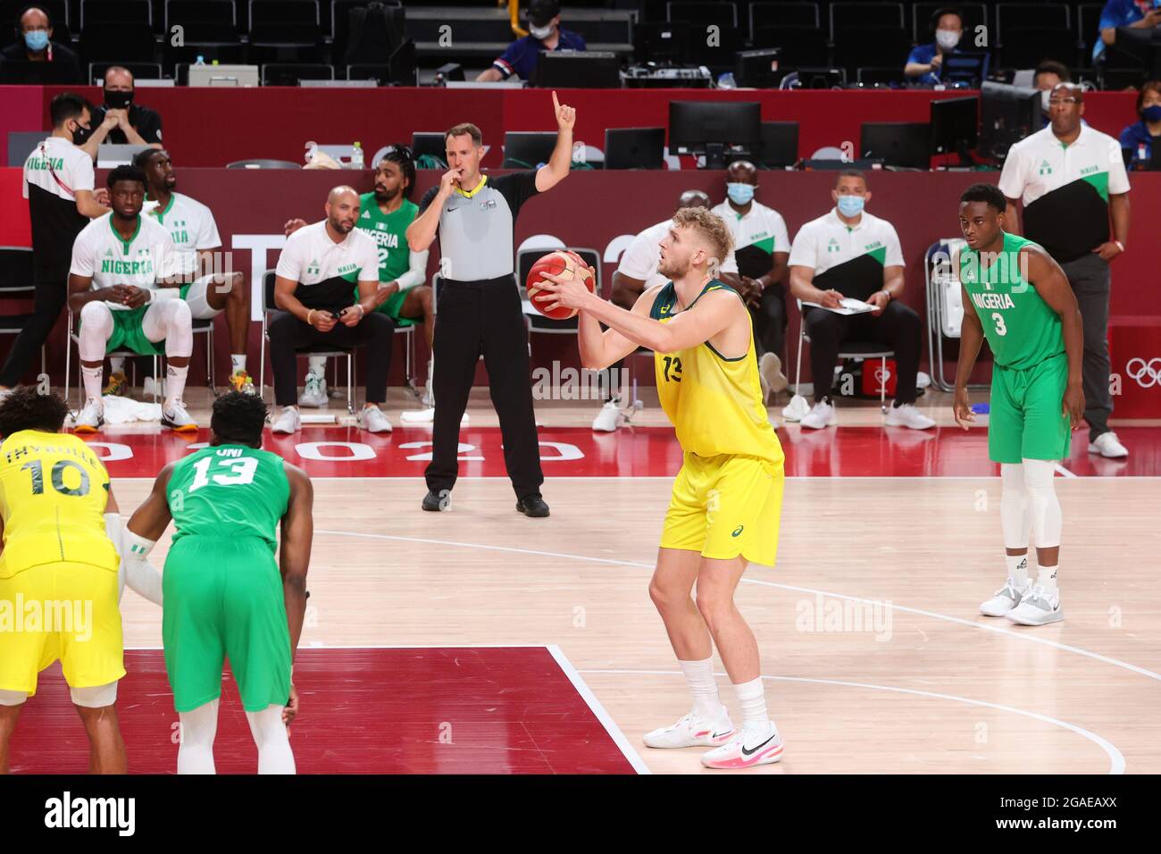 Tokyo, Japan, 25 July, 2021. Jock Landale of Team Australia shoots from the free throw line during the Men's Basketball preliminary Round Group B  - Match 3 between Australia and Nigeria on Day 2 of the Tokyo 2020 Olympic Games. Credit: Pete Dovgan/Speed Media/Alamy Live News Stock Photo