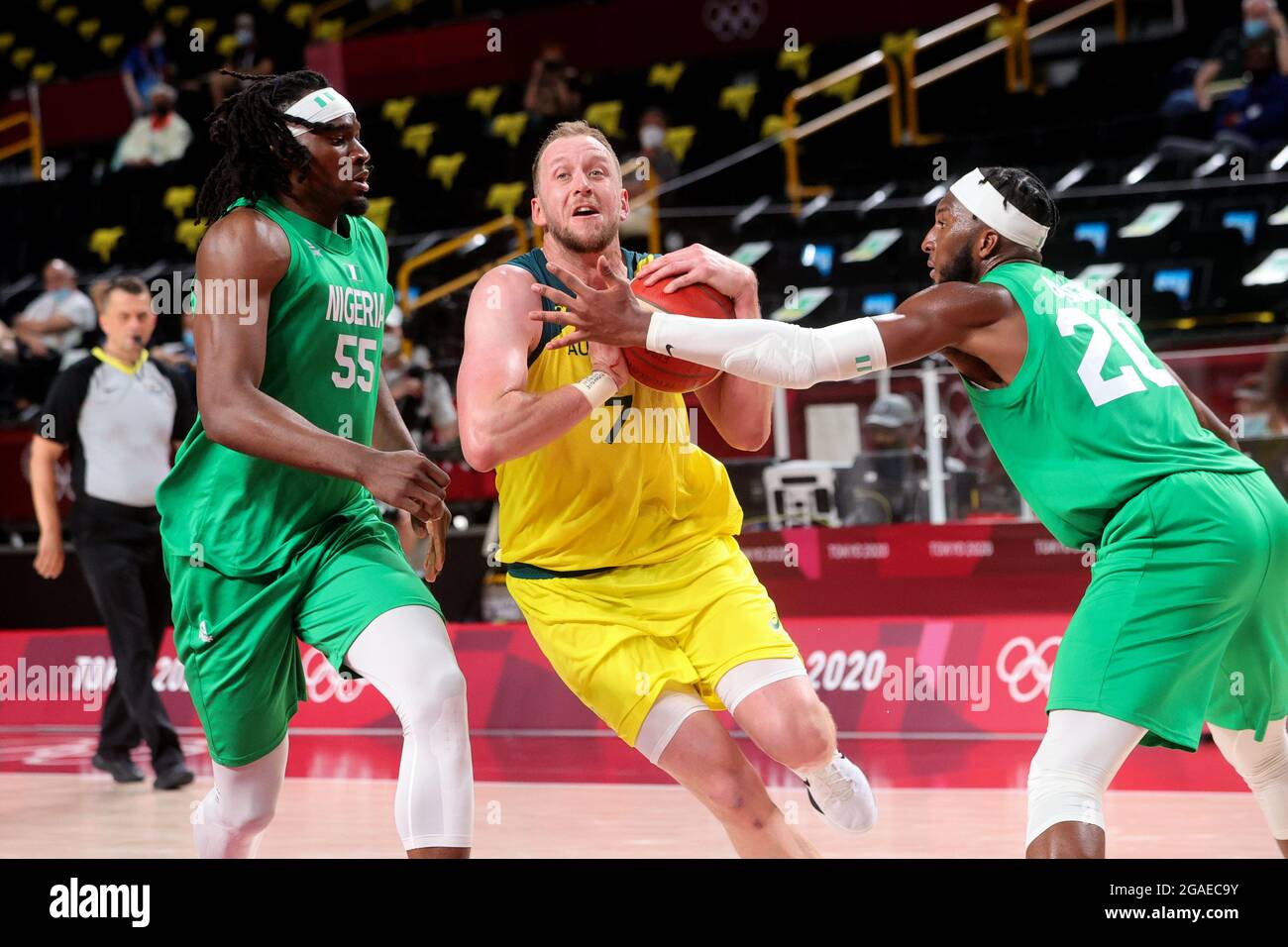 Tokyo, Japan, 25 July, 2021. Dante Exum of Team Australia dribbles the ball  during the Men's Basketball preliminary Round Group B - Match 3 between  Australia and Nigeria on Day 2 of