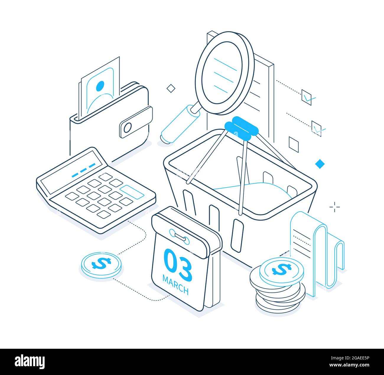Cost planning black and blue isometric line illustration. Smart