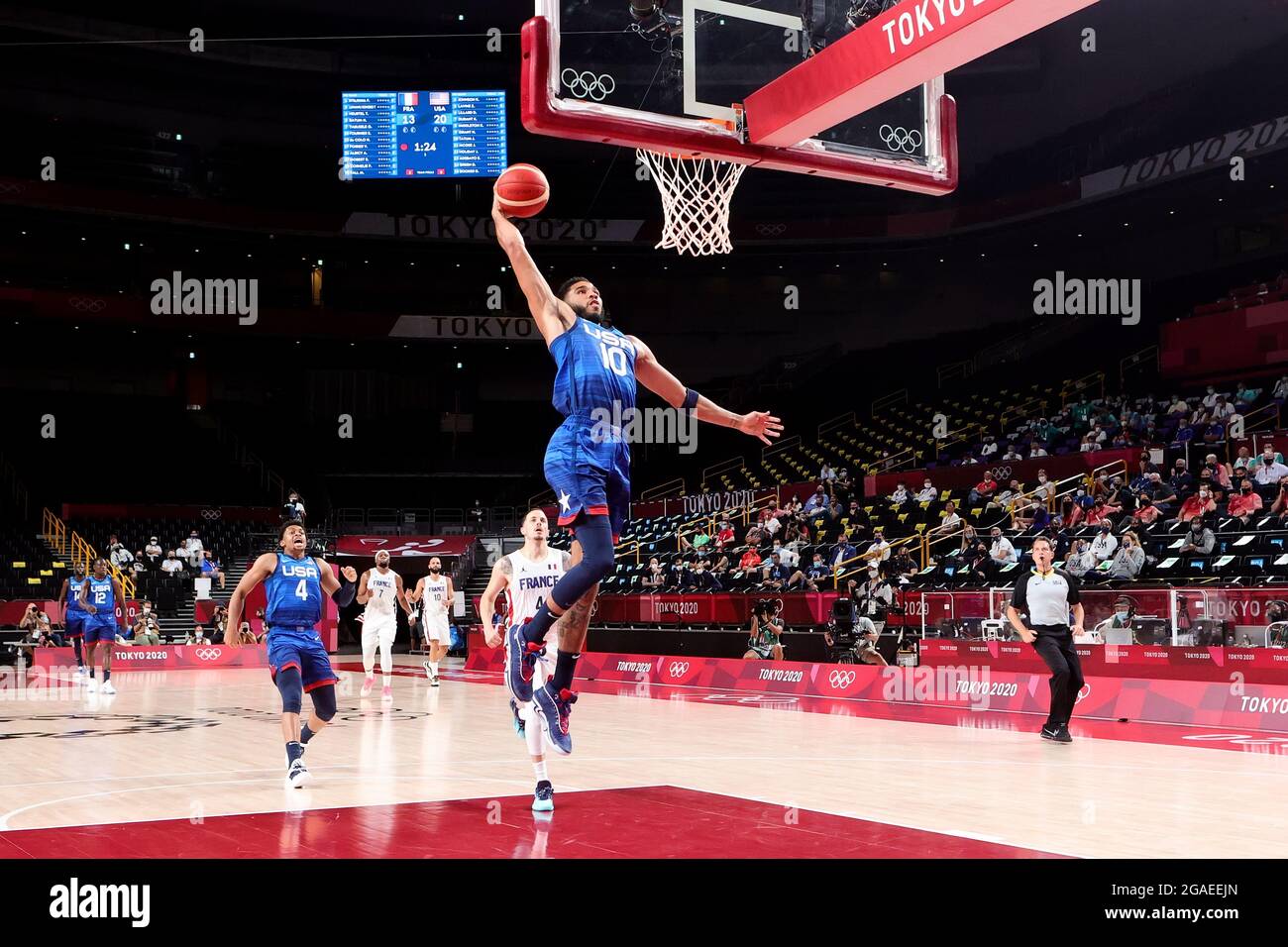 Tokyo, Japan, 25 July, 2021. Jayson Tatum of Team United States jumps high  during the Men's Basketball Preliminary Round Group A - Match 4 between  France and USA on Day 2 of