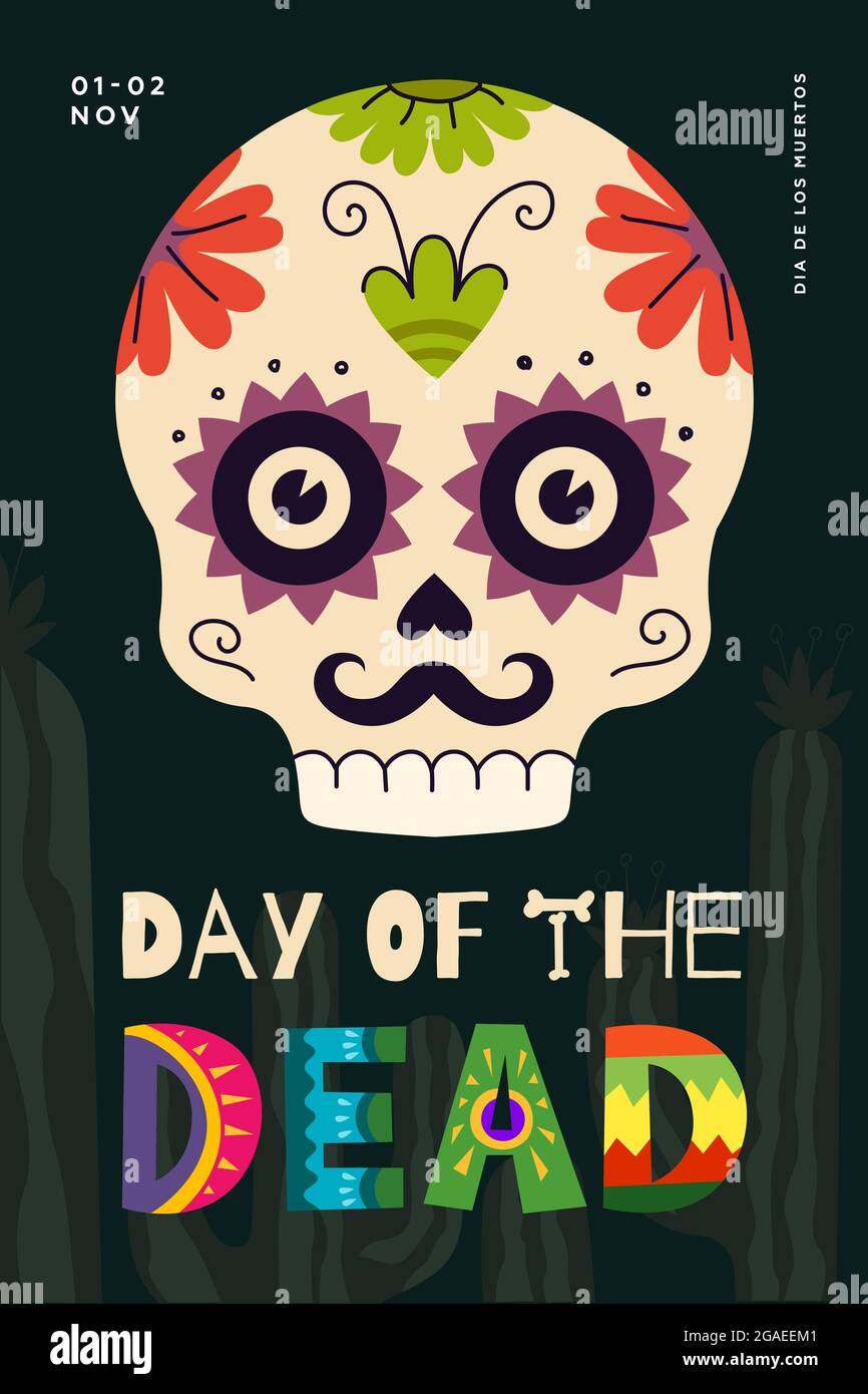 Mexican Day of the Dead holiday poster. Dia de Los Muertos national ...