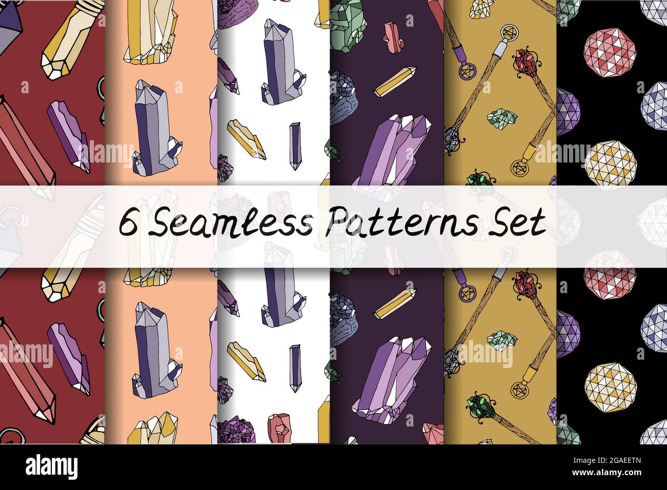 Collection of Seamless patterns with hand drawn colorful crystals and ...