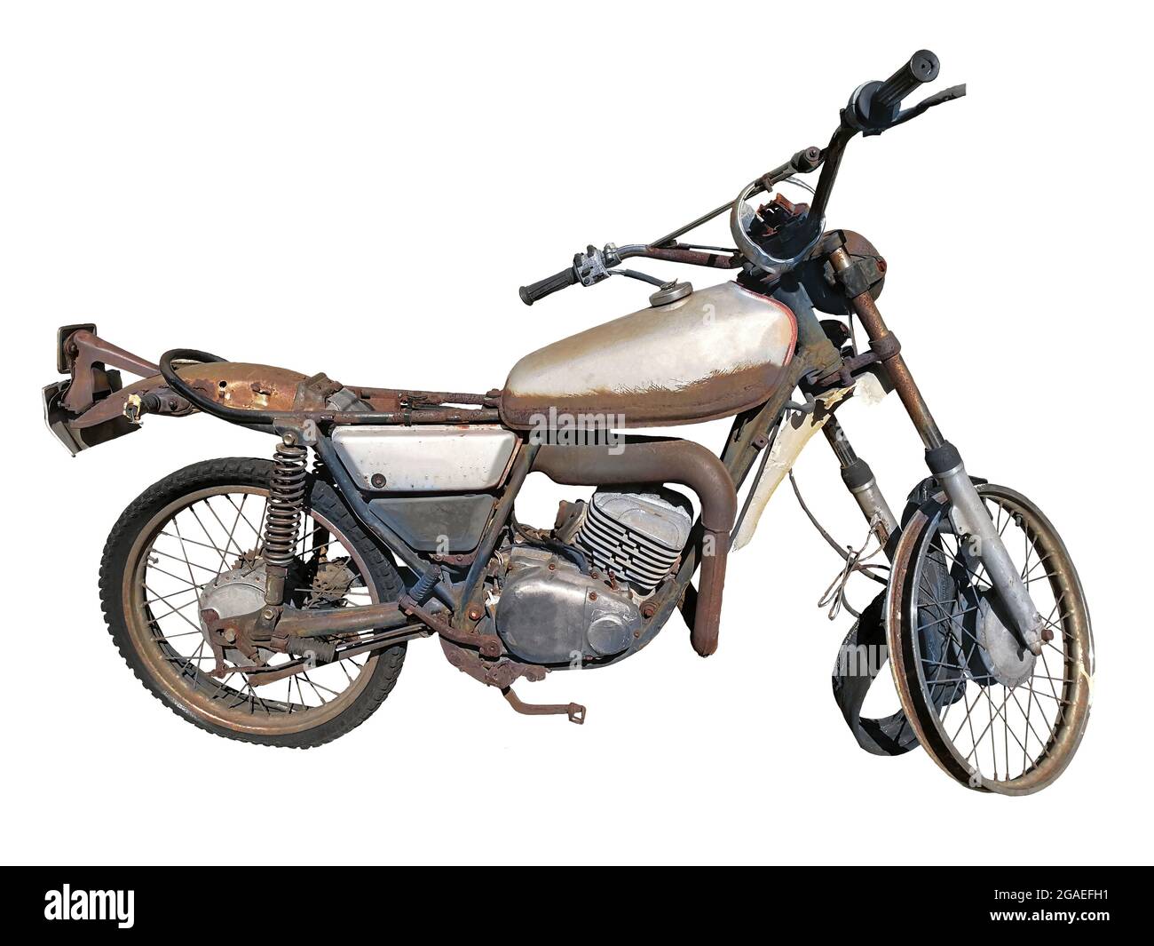 Motorcycle old retro dilapidated rust can not be used. White background Stock Photo