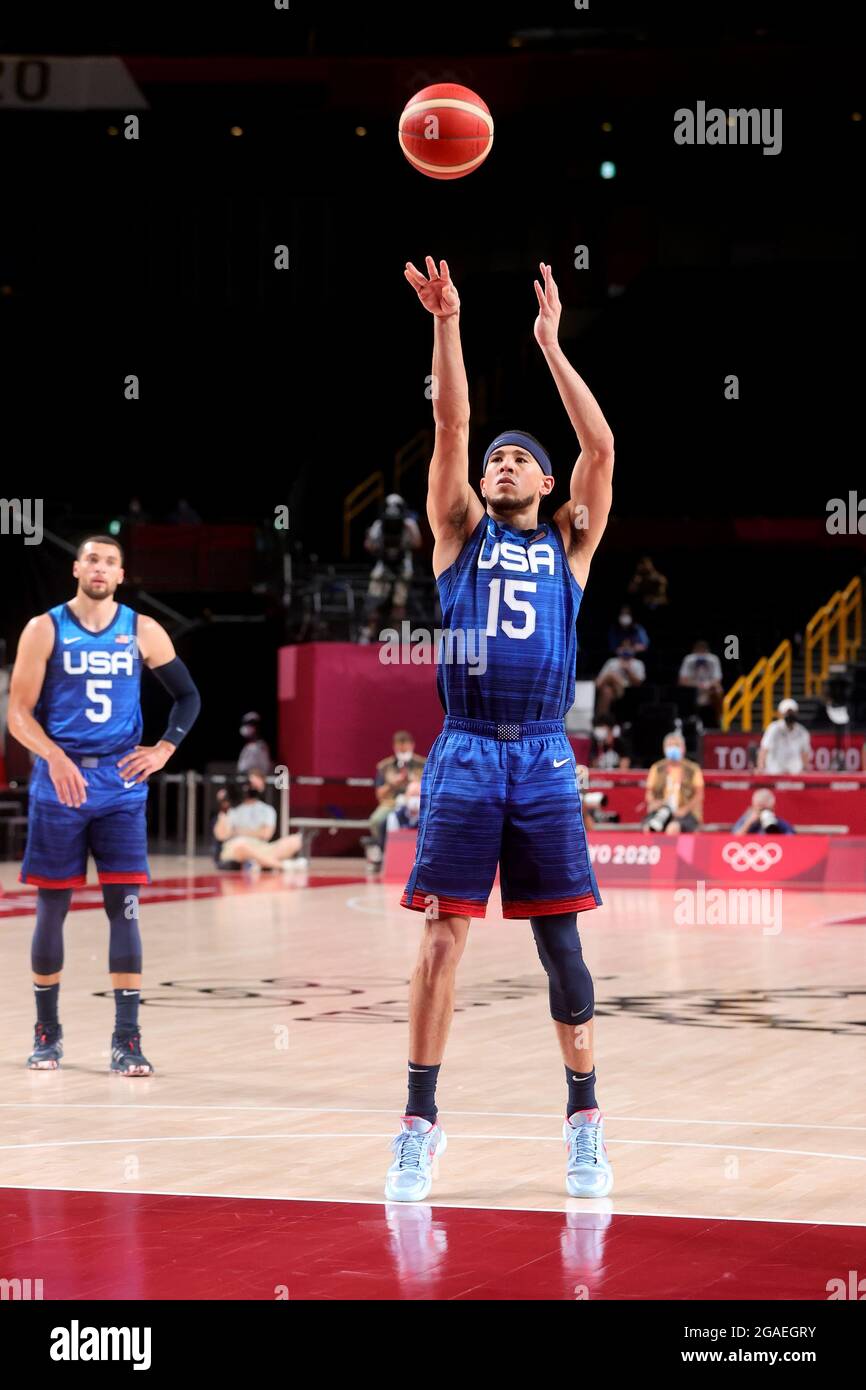 Tokyo, Japan, 25 July, 2021. Devin Booker of Team United States has a shot from the free throw line during the Men's Basketball Preliminary Round Group A  - Match 4 between France and USA on Day 2 of the Tokyo 2020 Olympic Games . Credit: Pete Dovgan/Speed Media/Alamy Live News Stock Photo