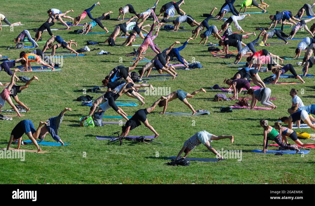 Dresden, Germany. 30th July, 2021. Participants do exercises on a meadow in the evening during a yoga class at the 'Palaissommer' in the Japanese Palace. Credit: Robert Michael/dpa-Zentralbild/ZB/dpa/Alamy Live News Stock Photo