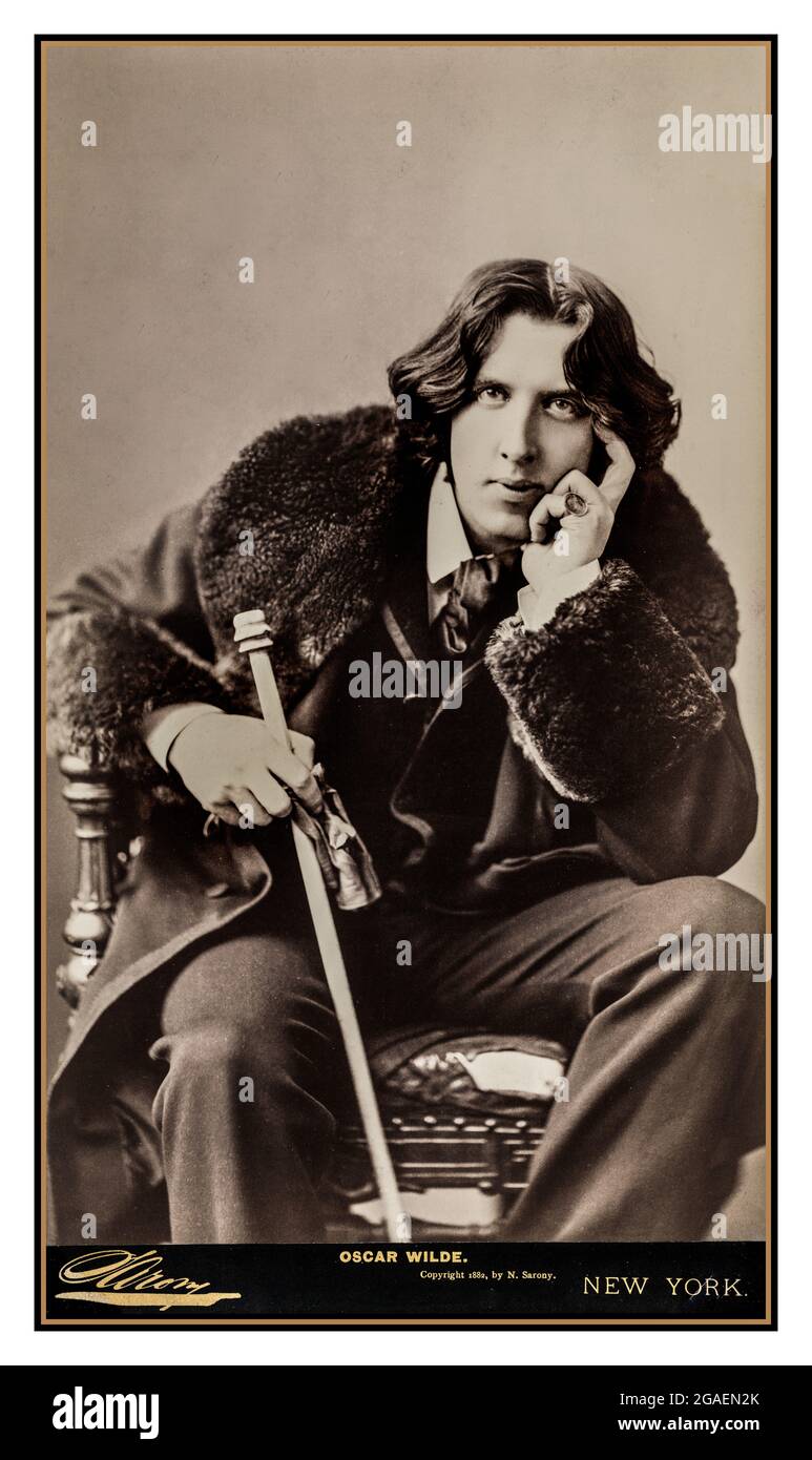 Oscar Wilde portrait archive 1800s / by Sarony. Creator(s): Sarony, Napoleon, 1821-1896, photographer Date Created/Published: c1882. photographic print on card mount : albumen ; sheet  Photograph shows Oscar Wilde, three-quarter length portrait, facing front, seated, leaning forward, left elbow resting on knee, hand to chin, holding leaning on walking stick in right hand, wearing coat. Stock Photo