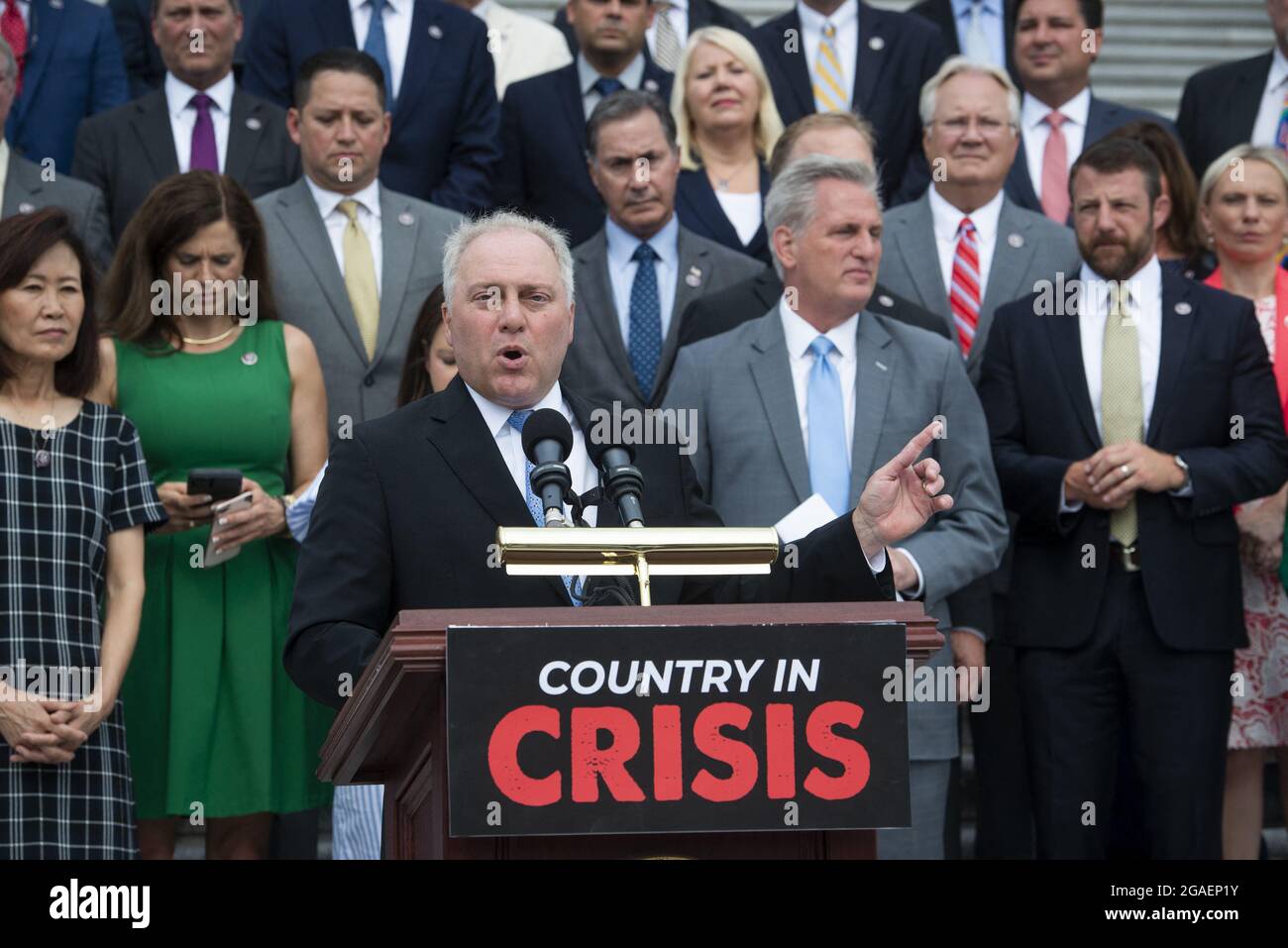 United States House Minority Whip Steve Scalise (Republican of Louisiana) offers remarks on President Joe Biden and House Speaker Nancy Pelosi's leadership during a press conference outside of the US Capitol in Washington, DC, Thursday, July 29, 2021. Photo by Rod Lamkey/CNP/ABACAPRESS.COM Stock Photo