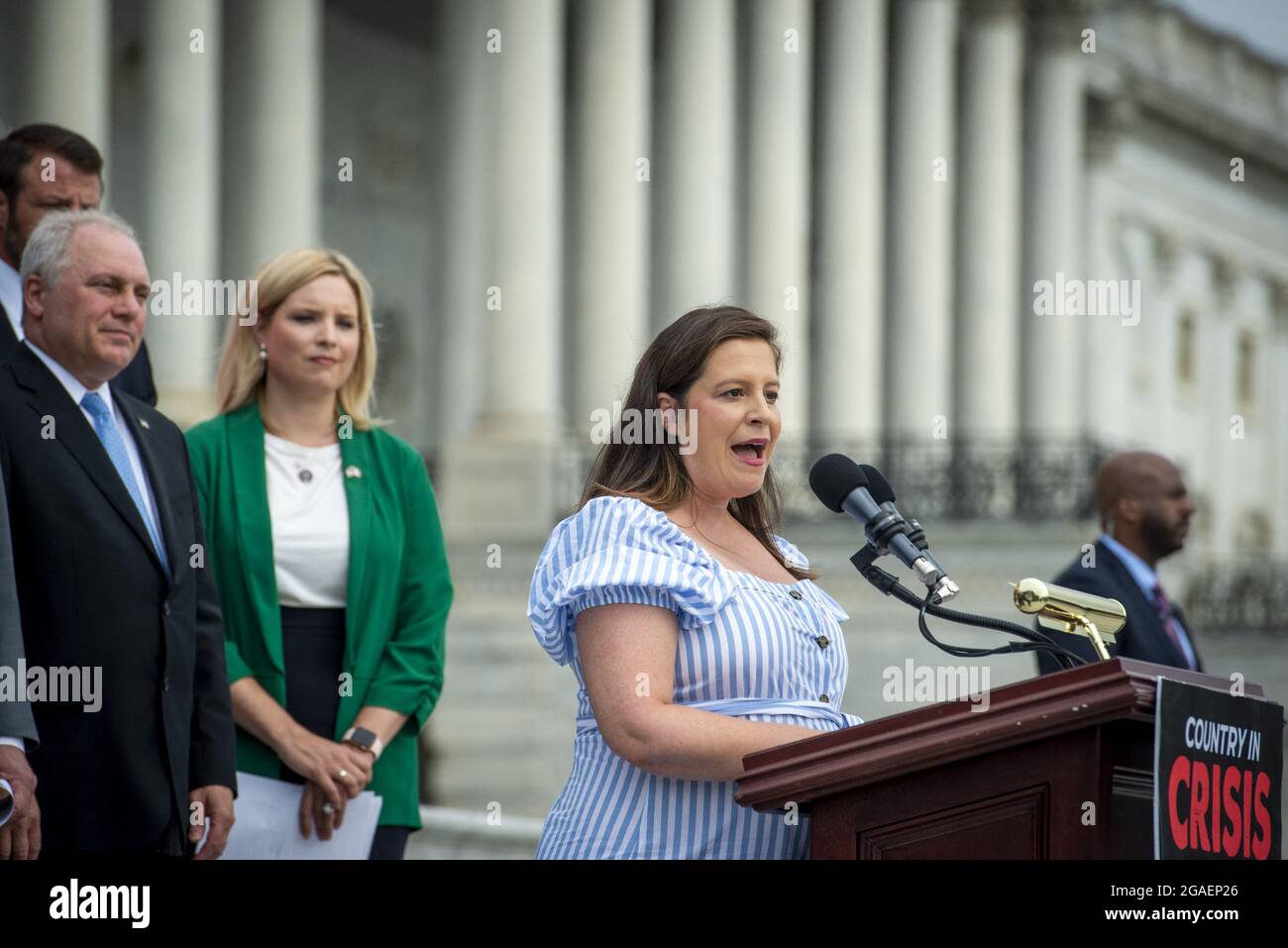 House Republican Conference Chair United States Representative Elise Stefanik (Republican of New York) offers remarks on President Joe Biden and House Speaker Nancy Pelosi's leadership during a press conference outside of the US Capitol in Washington, DC, Thursday, July 29, 2021. Photo by Rod Lamkey/CNP/ABACAPRESS.COM Stock Photo