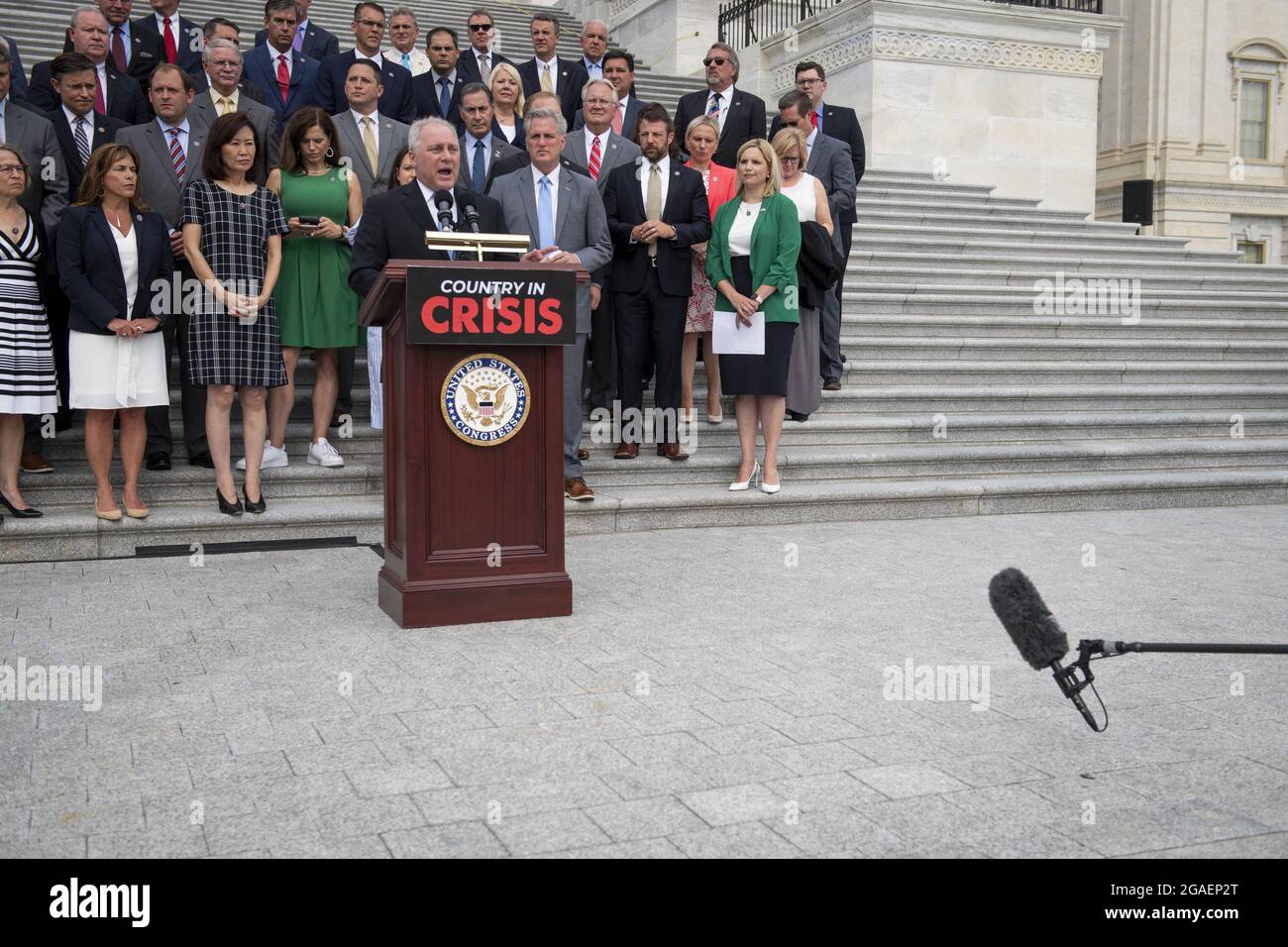 United States House Minority Whip Steve Scalise (Republican of Louisiana) offers remarks on President Joe Biden and House Speaker Nancy Pelosi's leadership during a press conference outside of the US Capitol in Washington, DC, Thursday, July 29, 2021. Photo by Rod Lamkey/CNP/ABACAPRESS.COM Stock Photo