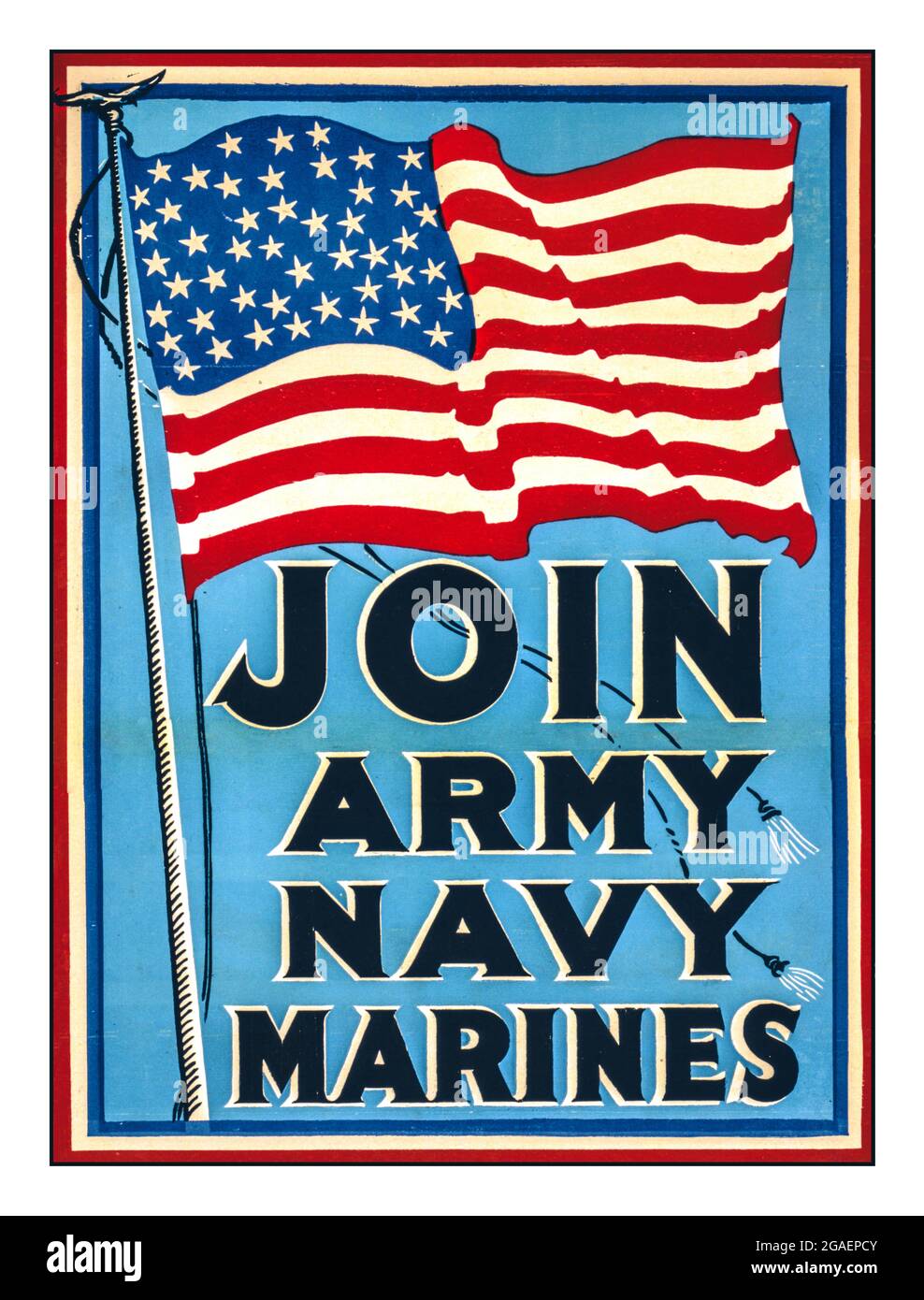 Vintage World War I Recruitment Recruiting Poster for USA America  'Join Army Navy Marines' World War One WW1 Date Created/Published: [1917] (poster) : lithograph, color ;  United States.--Army--Recruiting & enlistment--1910-1920. United States.--Navy--Recruiting & enlistment--1910-1920. United States.--Marine Corps--Recruiting & enlistment--1910-1920. World War, 1914-1918--Recruiting & enlistment--United States. Flags--American--1910-1920. Stock Photo