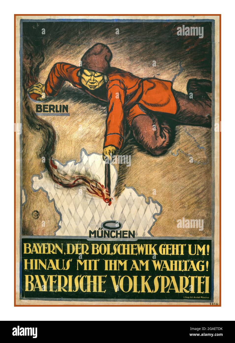 Vintage German Propaganda Poster 1919 shows a Bolshevik leaning on a map of Europe and setting fire to Bavaria. Text: The Bolshevik is coming! Throw him out on Election Day! Bavarian People's Party., "der Bolshewik geht um! Hinaus mit ihm am Wahltag!" Bayerische Volkspartei , funder/sponsor  Rehse Archiv für Zeitgeschichte und Publizistik, DLC , former owner Date Created/Published: München : Lithogr. Art Anstalt, 1919. (poster) : lithograph, color  Bavarian People's Party. World War aftermath War posters--German--1910-1920.: Posters: World War I Posters Posters: Artist Posters Stock Photo