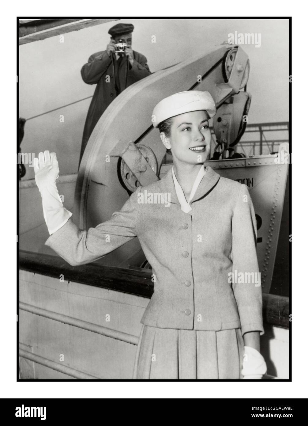 Grace Kelly former Hollywood actress archive 1956 waves good-bye to New York from the ocean liner Constitution before sailing for Monaco and her wedding to Prince Rainier Date Created/Published: 1956 Apr. 4. Stock Photo