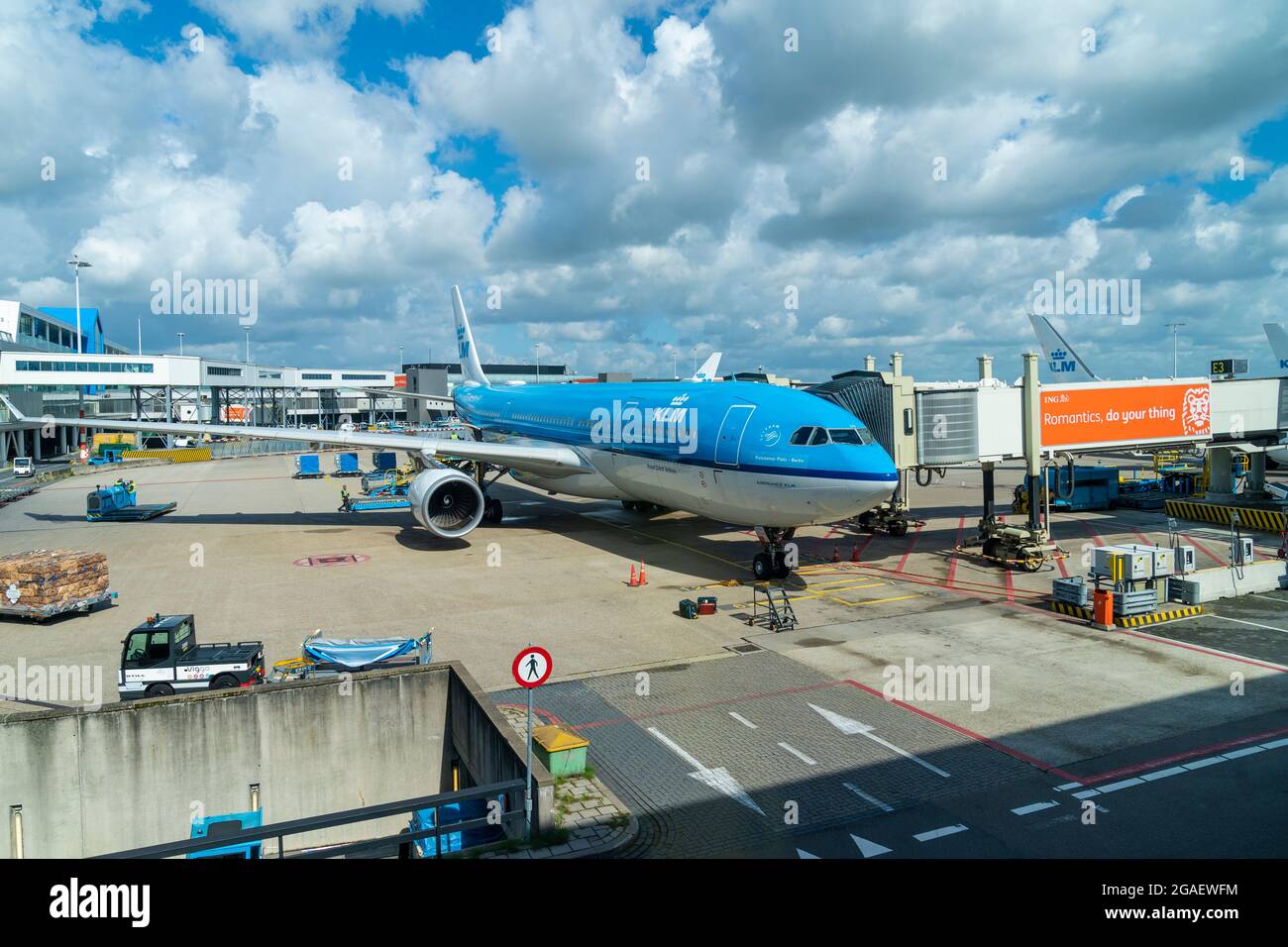 Amsterdam, the Netherlands - July 29, 2021: Aircraft by KLM Royal Dutch Airlines seen at Shiphol airport. Fully vaccinated travelers are allowed to travel during pandemic but required to wear masks at airports and while on aircrafts. Stock Photo