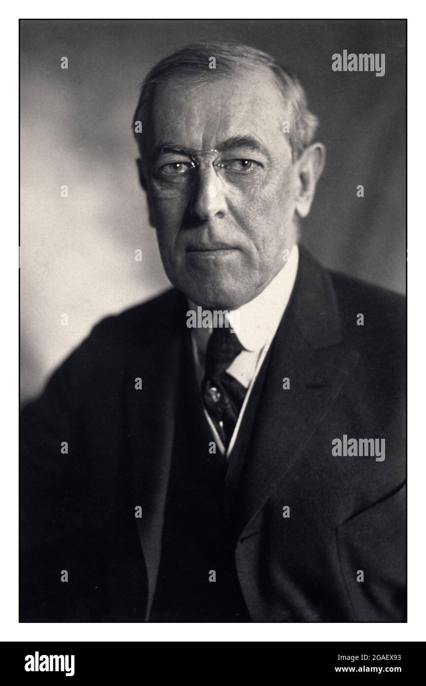 President Woodrow Wilson USA 1900s  Portrait Formal Studio President Woodrow Wilson head-and-shoulders portrait, facing front 28th President of the United States. Date Created/Published: c1919. Thomas Woodrow Wilson was an American politician and academic who served as the 28th president of the United States from 1913 to 1921. A member of the Democratic Party, Wilson served as the president of Princeton University and as the governor of New Jersey before winning the 1912 presidential election. Stock Photo