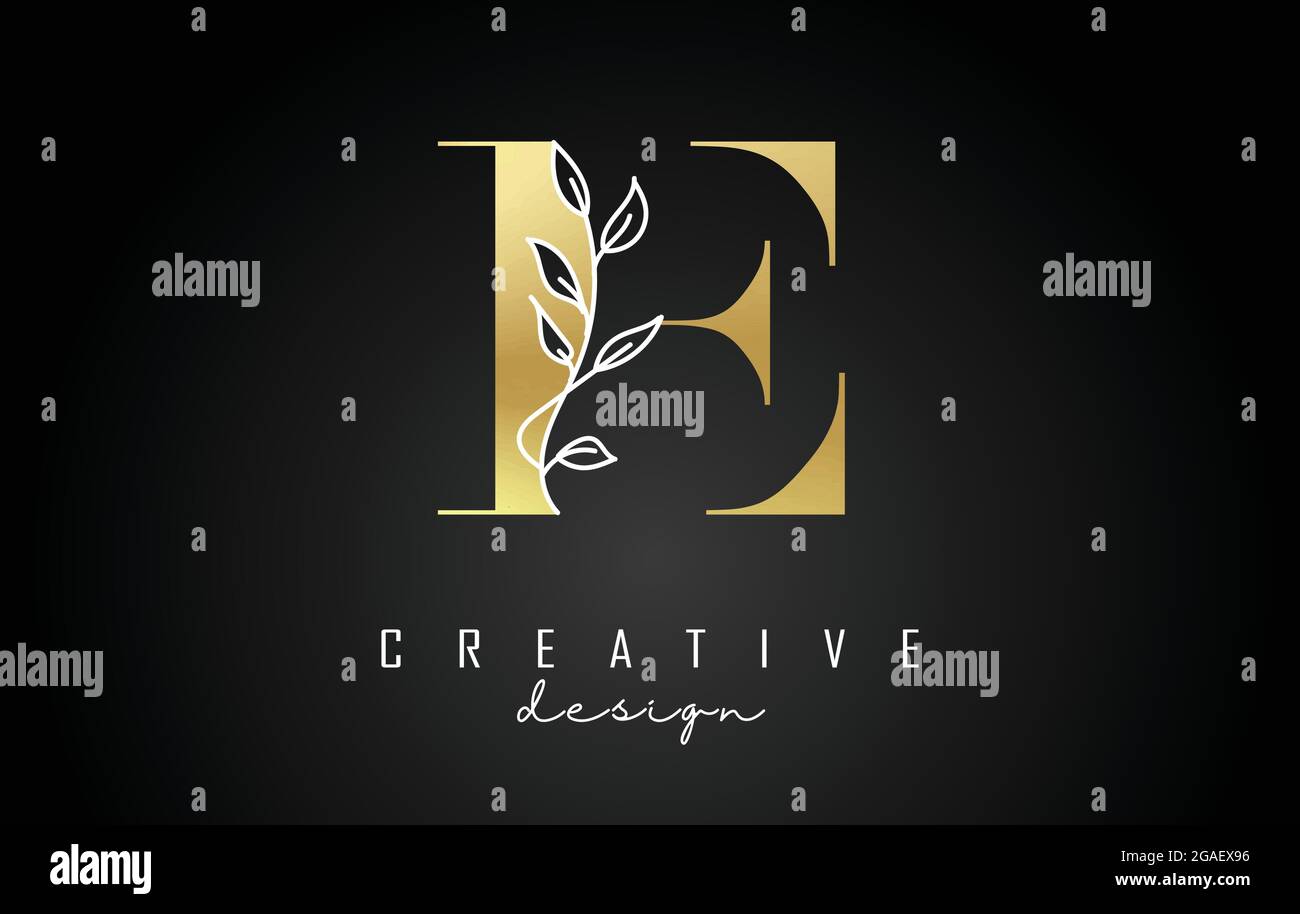 Golden E letter logo design with white leaves branch vector ...