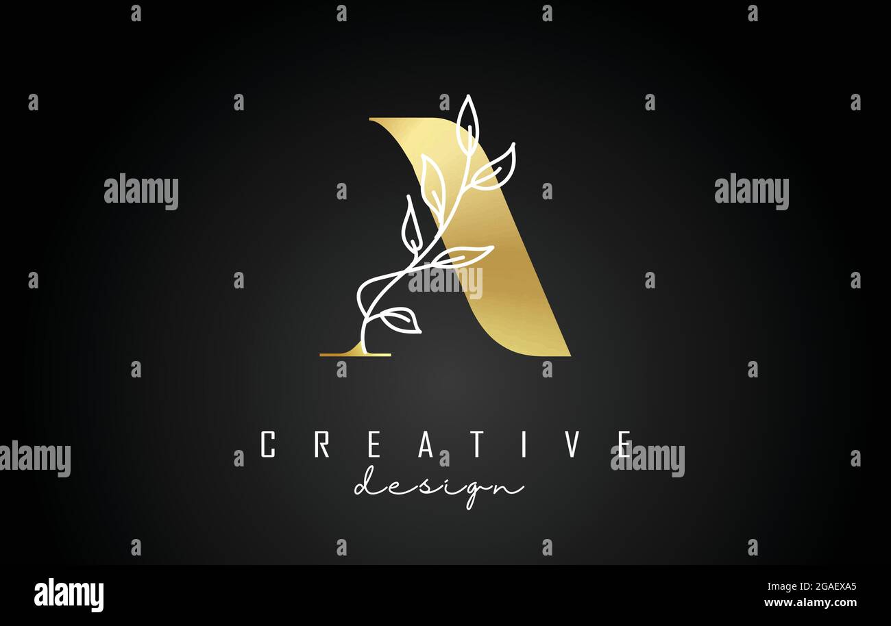 Golden A letter logo design with white leaves branch vector ...