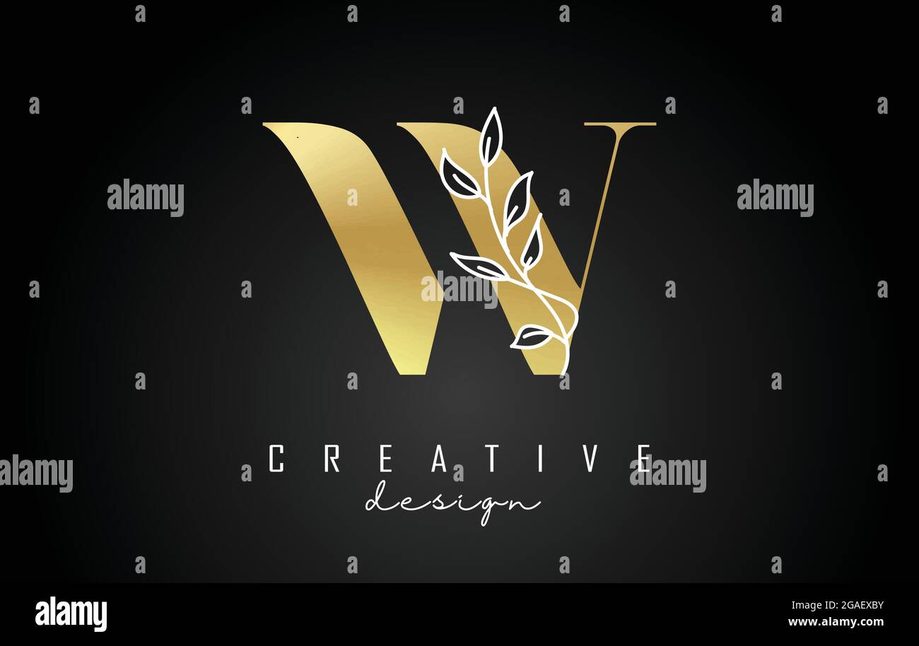 Golden W letter logo design with white leaves branch vector ...