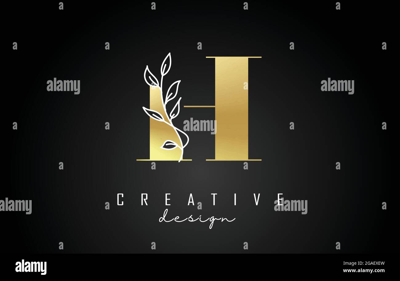 Golden H letter logo design with white leaves branch vector ...