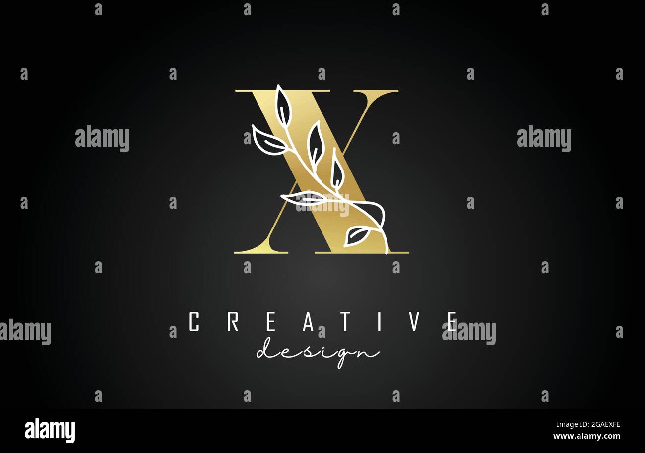 Golden X letter logo design with white leaves branch vector ...