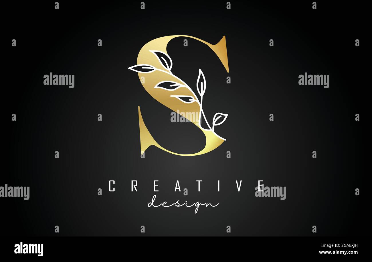 Golden S letter logo design with white leaves branch vector ...
