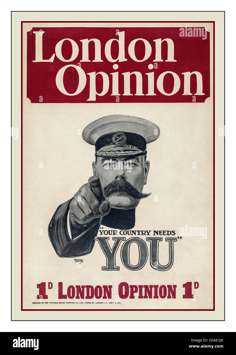 'Your country needs you'  World War 1 Recruitment Recruiting Poster Lord Kitchener  London opinion 'Your country needs you' / Alfred Leete. Creator(s): Leete, Alfred, 1882-1933, artist Date Created/Published: London : Printed by the Victoria House Printing Co., Ltd., 1914. (poster) : screenprint with halftone, color ;   Front view of Lord Kitchener with his arm and fingers pointing at the viewer. Kitchener, Horatio Herbert Kitchener,--Earl,--1850-1916--Military service. World War, 1914-1918--Recruiting & enlistment--Great Britain. Stock Photo
