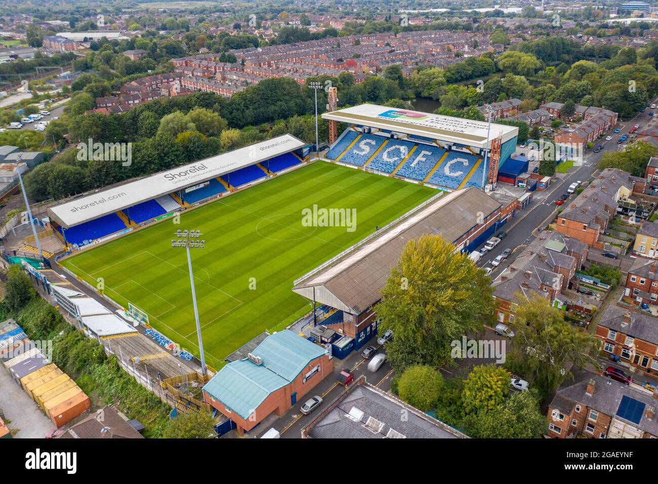 Aerial Drone View of Stockport County Football Club Stock Photo