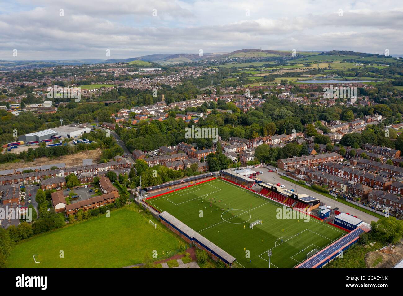 Aerial Drone View of Hyde Cheshire Manchester , Hyde United Stadium Ewen Fields Stock Photo
