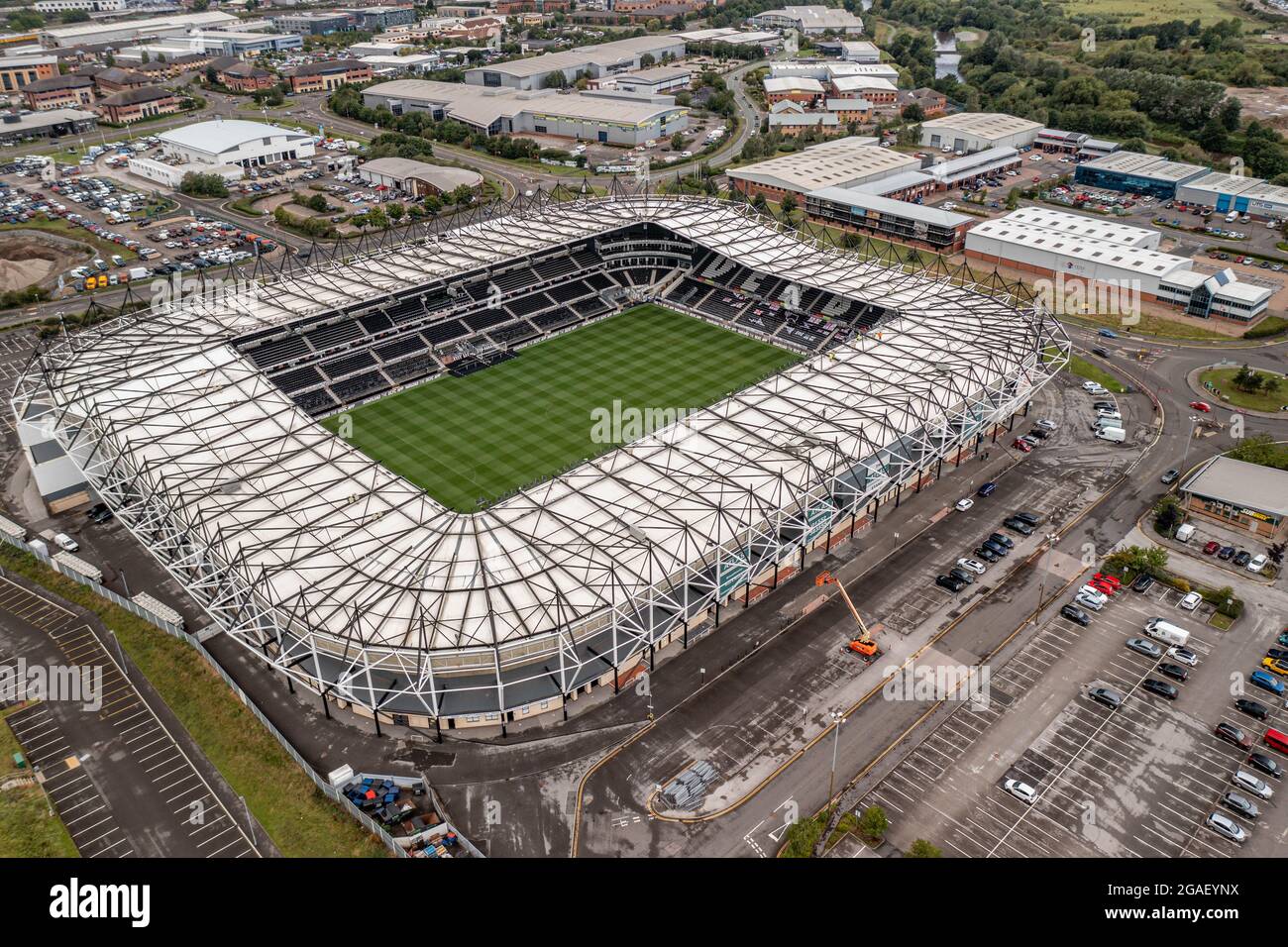 Aerial View of Pride Park Derby Home Of Wayne Rooney's Derby County Football Club Drone Stock