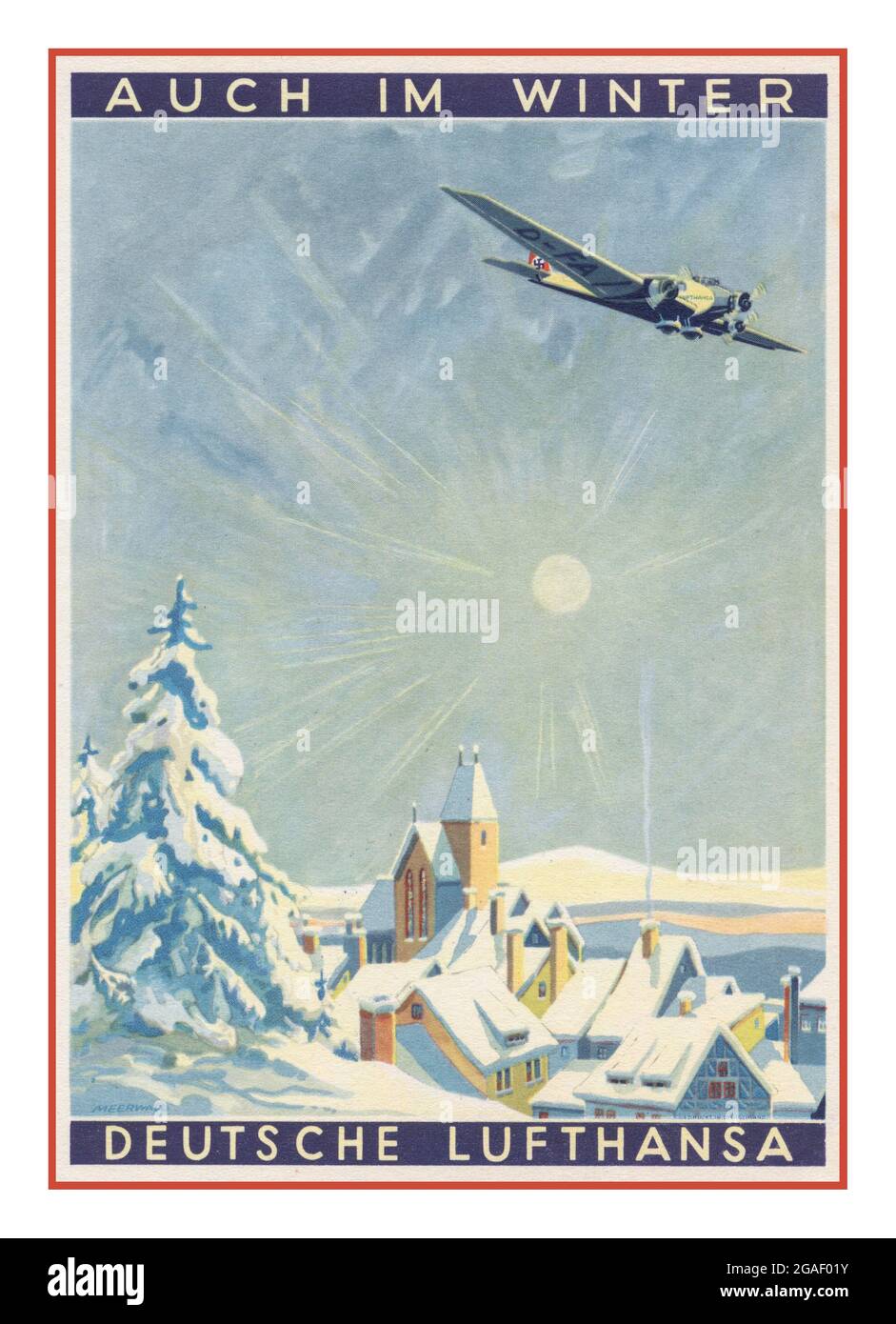 1936, 'Also in winter DEUTSCHE LUFTHANSA', large-format colored advertising card of the Deutsche Lufthansa AG with a picture of a Lufthansa airplane with a swastika over a snow-covered town, Meerwald, Kandel July 25th, 1936  'AUCH IM WINTER. DEUTSCHE LUFTHANSA' Stock Photo