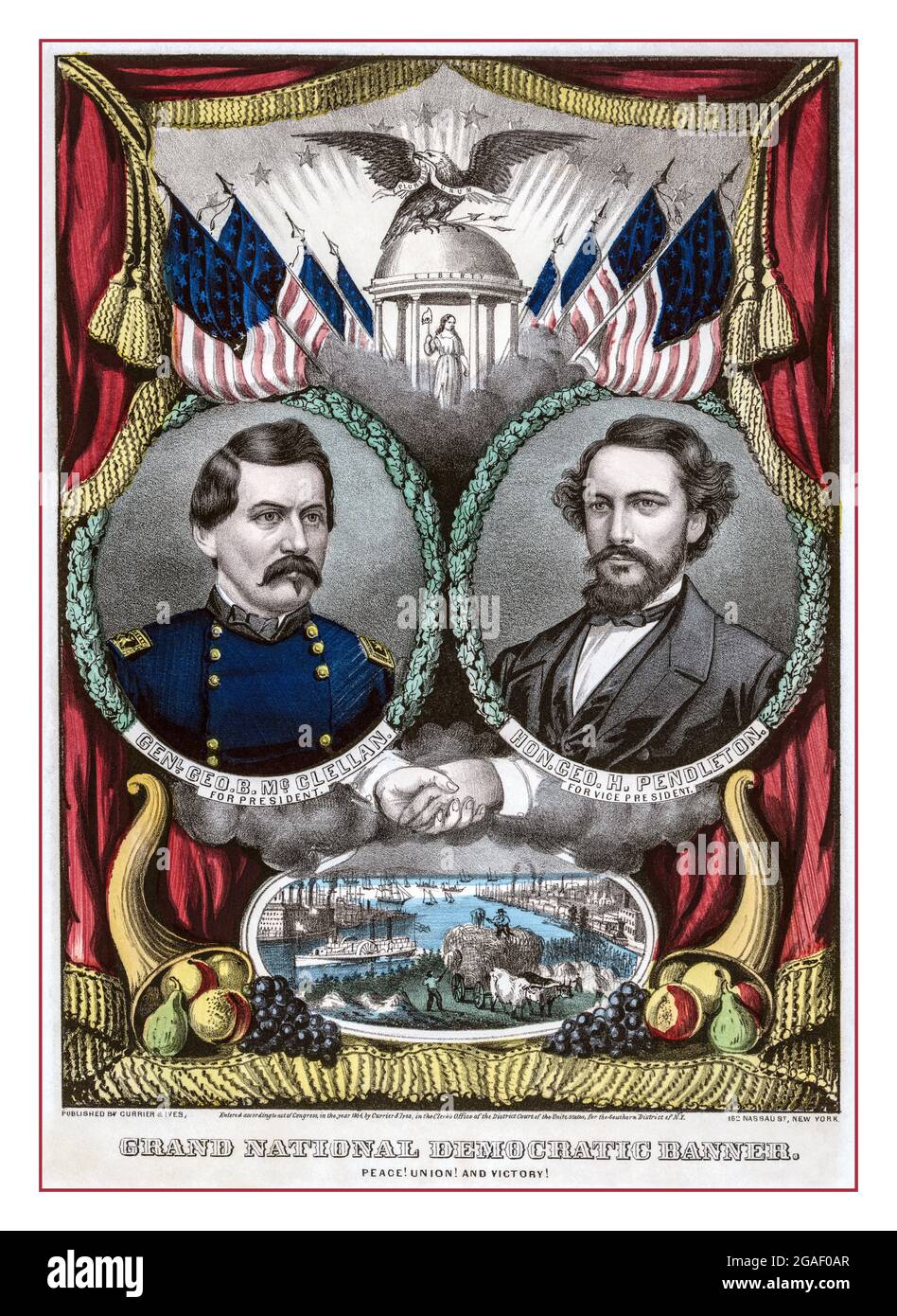 Democratic Presidential Campaign Poster 1864 PEACE UNION  AND VICTORY USA America Presidential elections during the civil war. Portraits of Democratic candidates George B. McClellan and George H. Pendleton Below an illustration of busy harbor near a shore crowded with signs of prosperity, including factories, a locomotive, and a hay-wain. Poster almost identical to the 'Grand National Union Banner'  lithograph with watercolor Stock Photo