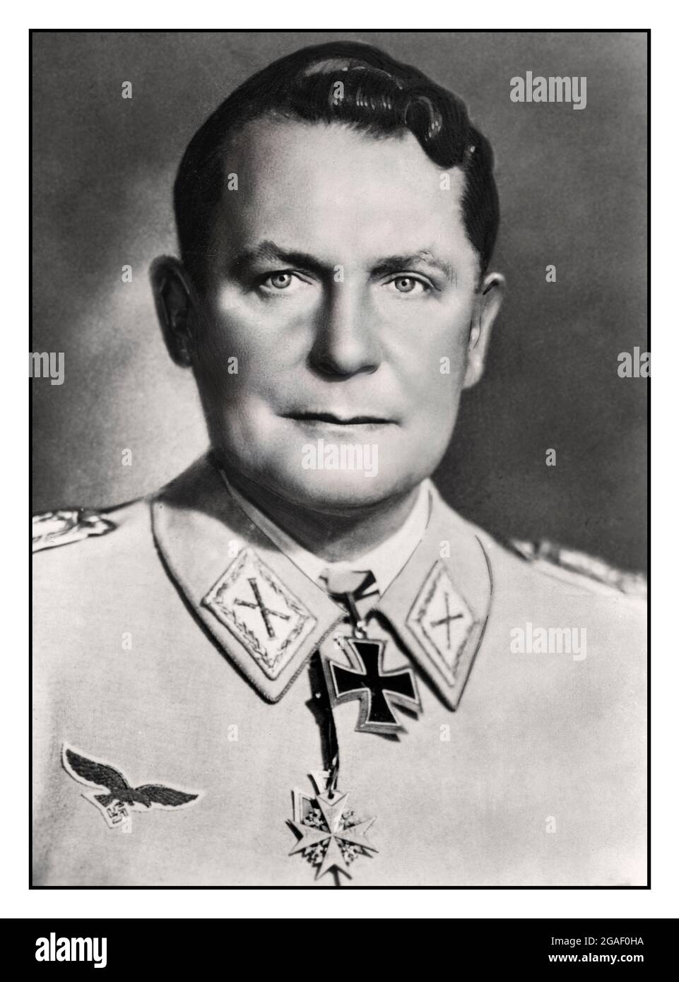 Hermann Goering (Goring), German Nazi Reichsmarschall An official portrait photograph taken on the occasion of his 52nd birthday. Date  Jan. 12, 1941 Hermann Wilhelm Göring was a German political and military leader and convicted war criminal. He was one of the most powerful figures in the Nazi Party, which ruled Germany from 1933 to 1945. A veteran World War I fighter pilot ace, he was a recipient of the Pour le Mérite medal which is worn in this image.Hermann Göring, also spelled Goering, (born January 12, 1893, Rosenheim, Germany—died October 15, 1946 by his own hand at Nürnberg prison. Stock Photo