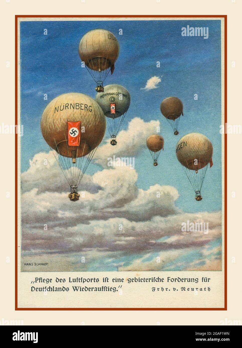 1937 Nazi Propaganda Poster card, 'Maintaining air sports' with air balloons named Nurnberg, Hermann Goring etc with Nazi swastika banners flying from balloons. 'An imperative for Germany is to rise again'  'Pflege des Luftiports ift eine gebieterische forderung für Deutschlands wiederaufstieg' by artist Hans Schmidt Stock Photo