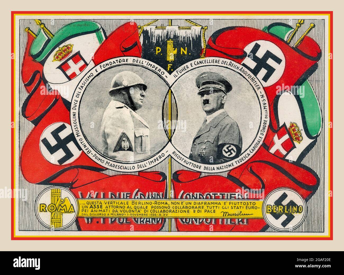 HITLER MUSSOLINI 1936, Italian Facist Propaganda Poster Card promoting the close collaboration between Adolf Hitler Nazi Party Germany and El Duce Benito Mussolini Facist Party Italy. Part of the WW2 Axis of Evil Stock Photo