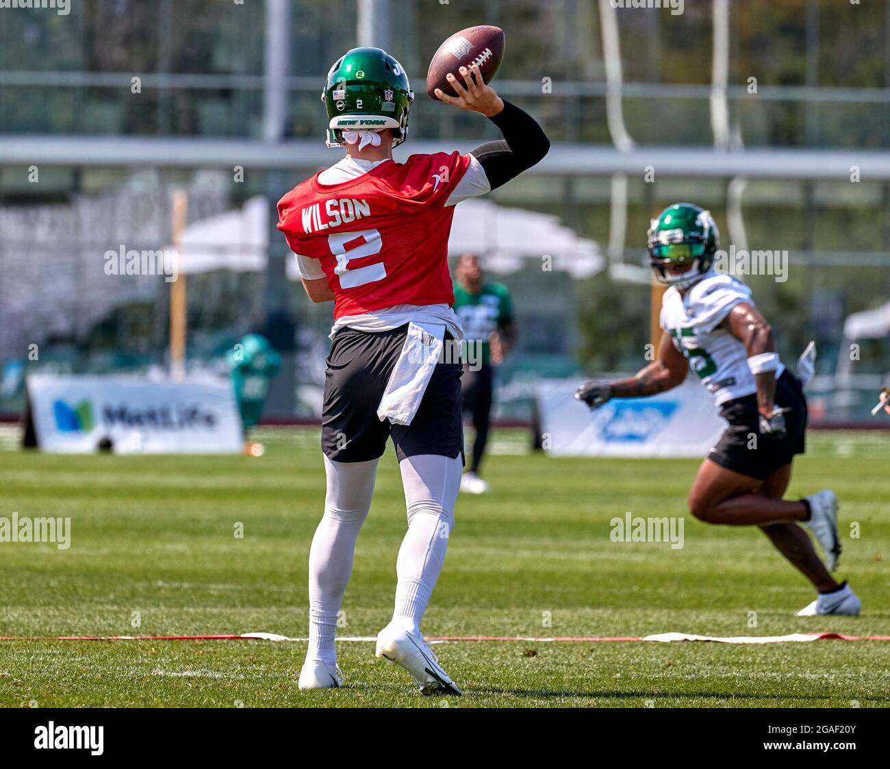 New Jersey, USA. 30th July, 2021. July 30, 2021, Florham Park, New Jersey,  USA: New York Jets quarterback Mike White (5) during practice at the  Atlantic Health Jets Training Center, Florham Park