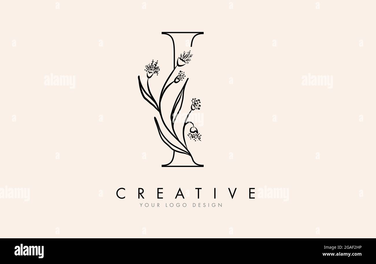 Black Outline I letter logo design with black flowers vector ...