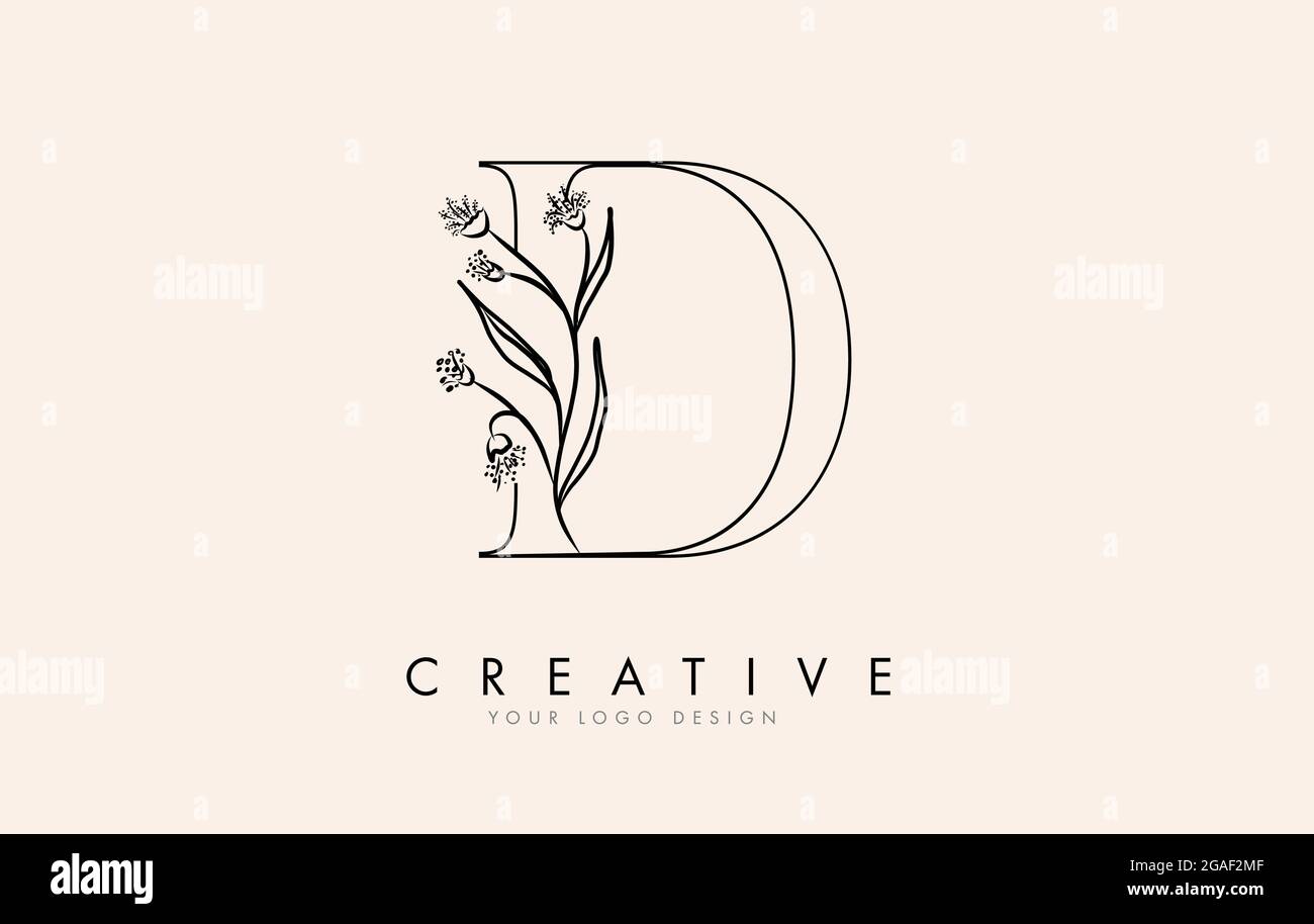 Black Outline D letter logo design with black flowers vector illustration. Creative and elegant icon. Stock Vector