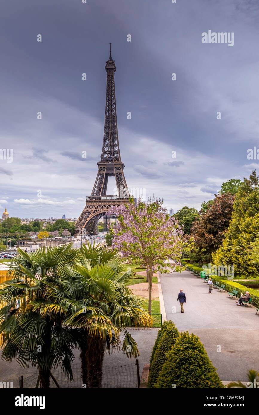 Paris, France - May 20, 2021: Iconic Eiffel tower viewed from Trocadero garden in Paris Stock Photo