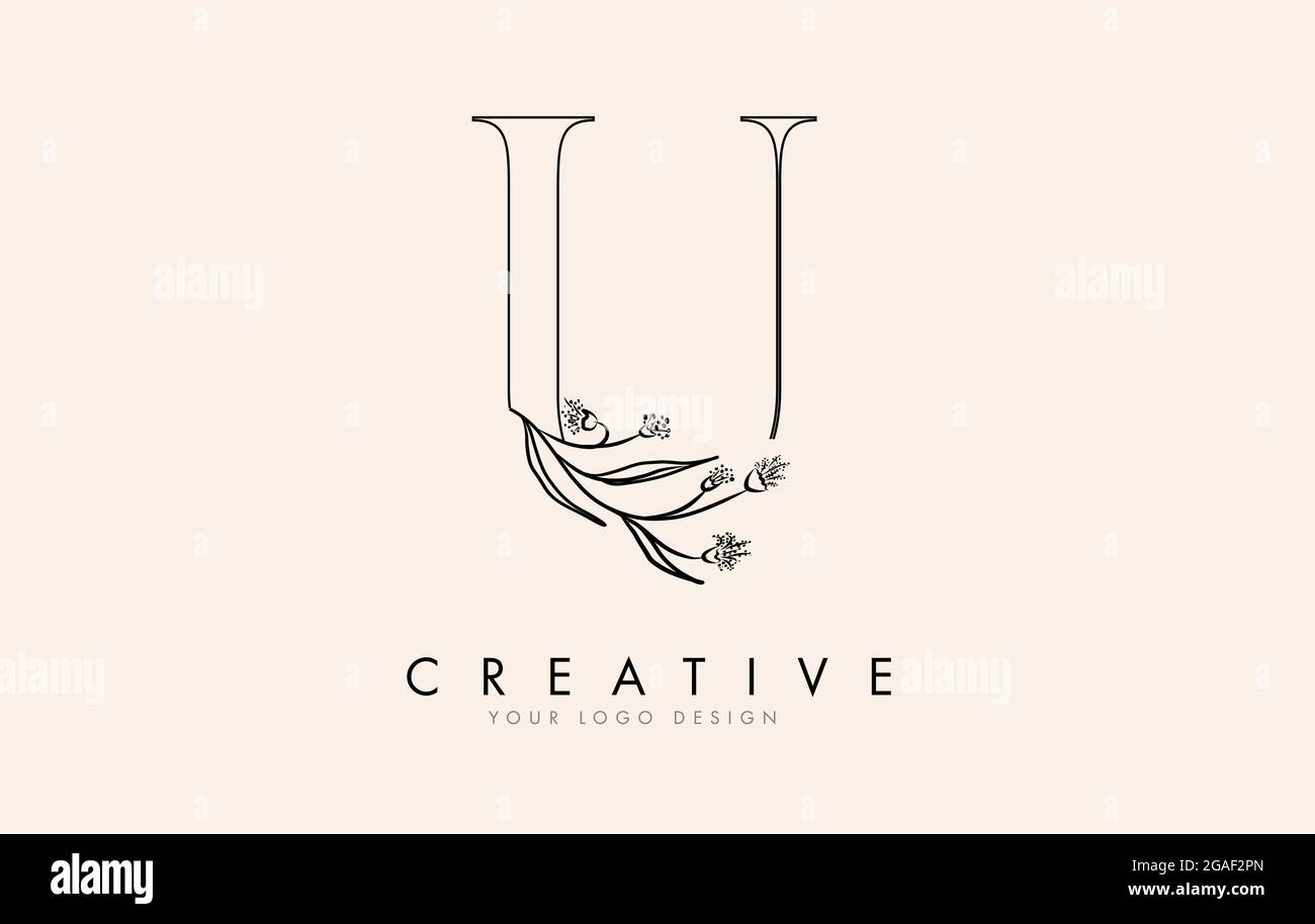 Black Outline U letter logo design with black flowers vector ...