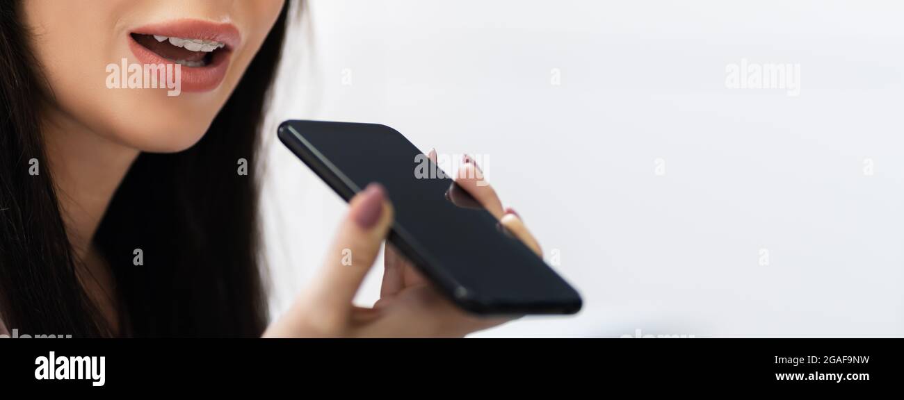 Someone Using Voice Control Woman Talking Using Voice Control And Assistant Stock Photo - Alamy