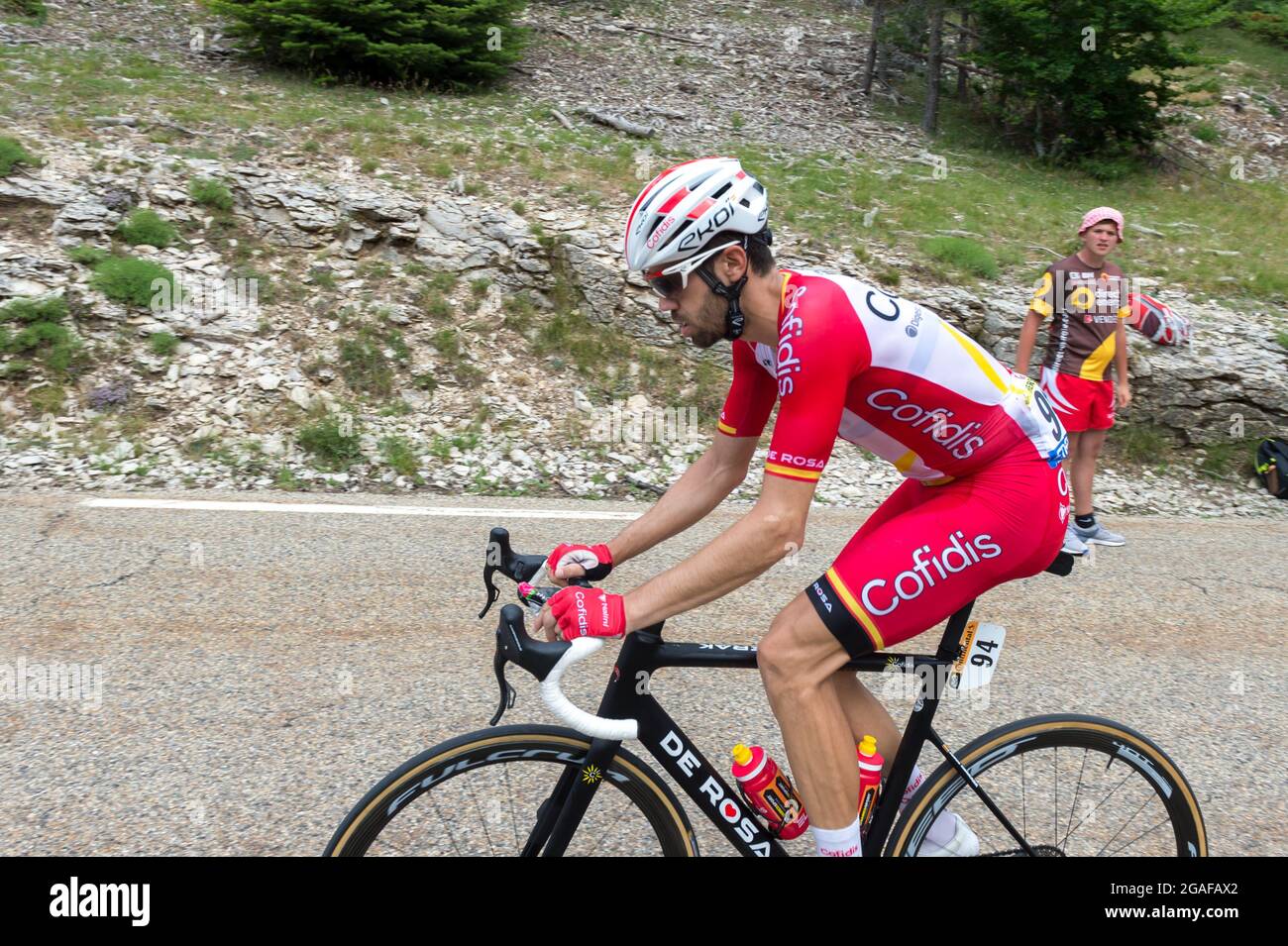 Jesus Herrada (team Cofidis) in action during the 11th stage of 2021 Tour de France.The 11th stage of the Tour de France 2021 takes place between Sorgues and Malaucene and includes two ascents of Mont-Ventoux . The winner of the stage is Wout van Aert (Jumbo Visma team) and the final winner of the general classification of the 2021 Tour de France is the Slovenian rider of the UAE Team Emirates Tadej Pogacar. Stock Photo