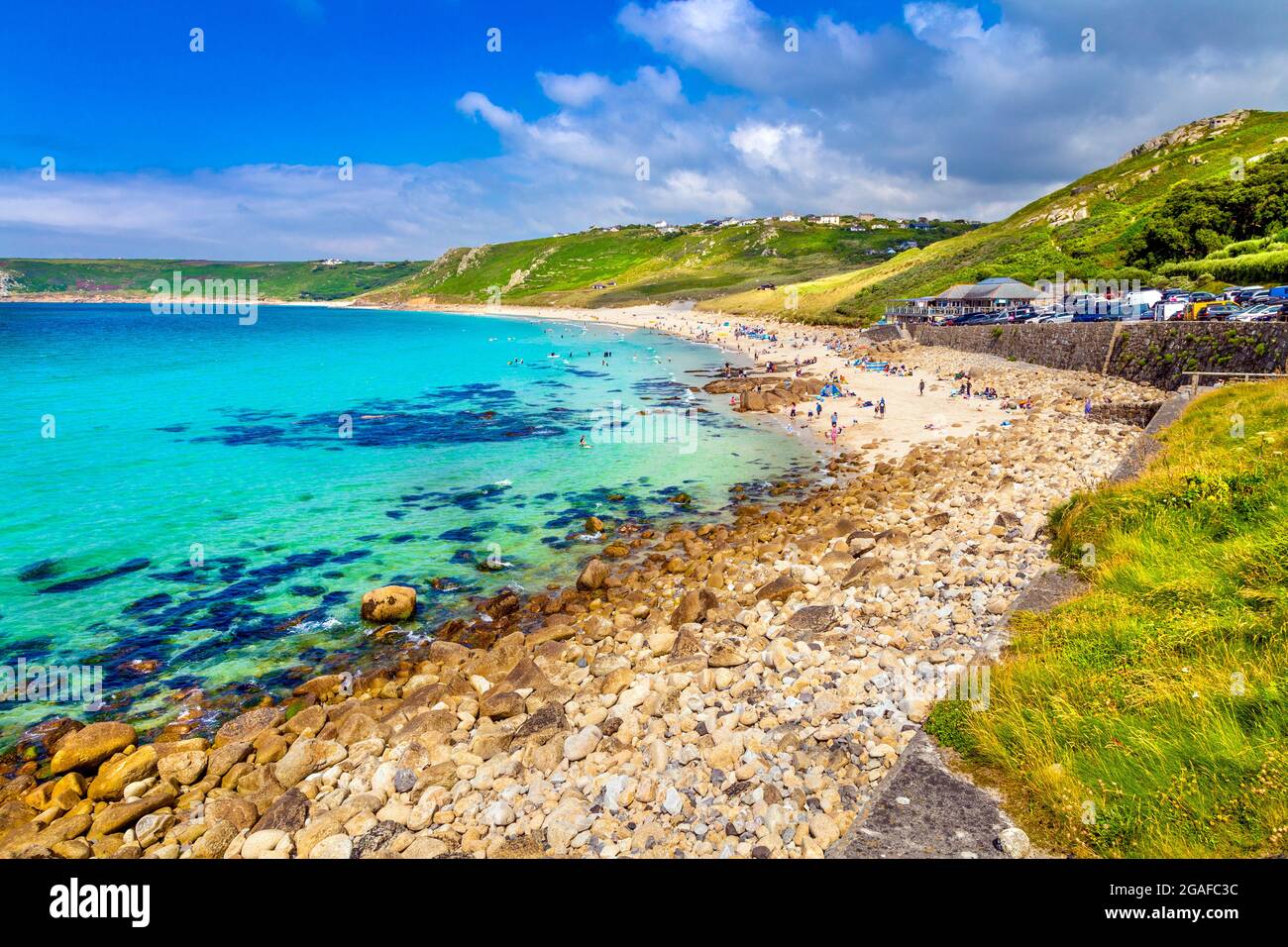 Beach and blue sea water at Sennen Cove, Sennen, Penwith Peninsula, Cornwall, UK Stock Photo