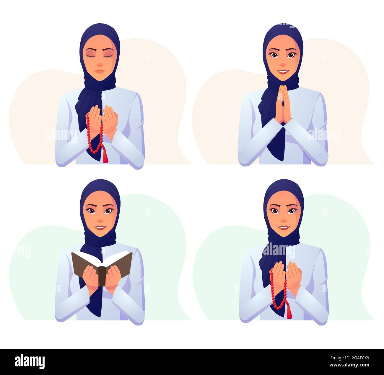 Muslim Woman Wearing White Dress with Blue Hijab Reading Quran, Praying with pearl and smile Premium Vector Illustration. design Stock Vector