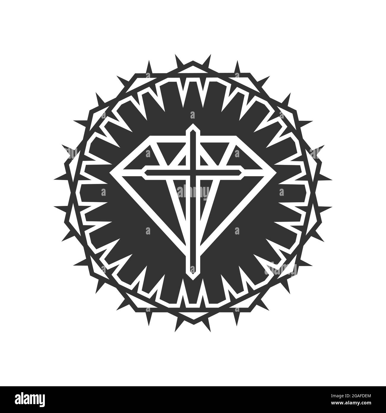 Christian illustration. Church logo. Diamond, cross of Jesus framed with a crown of thorns. Stock Vector