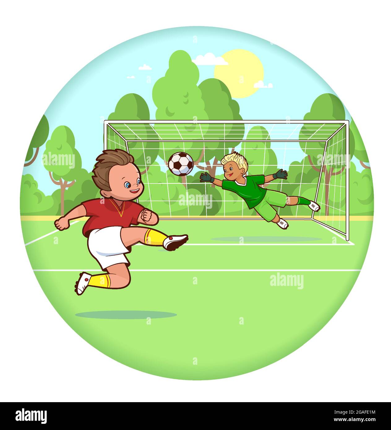 Two footballers play soccer on the field, scoring a goal. Greeting card with a pattern in a circle.Vector cartoon illustration for children on a sport Stock Vector