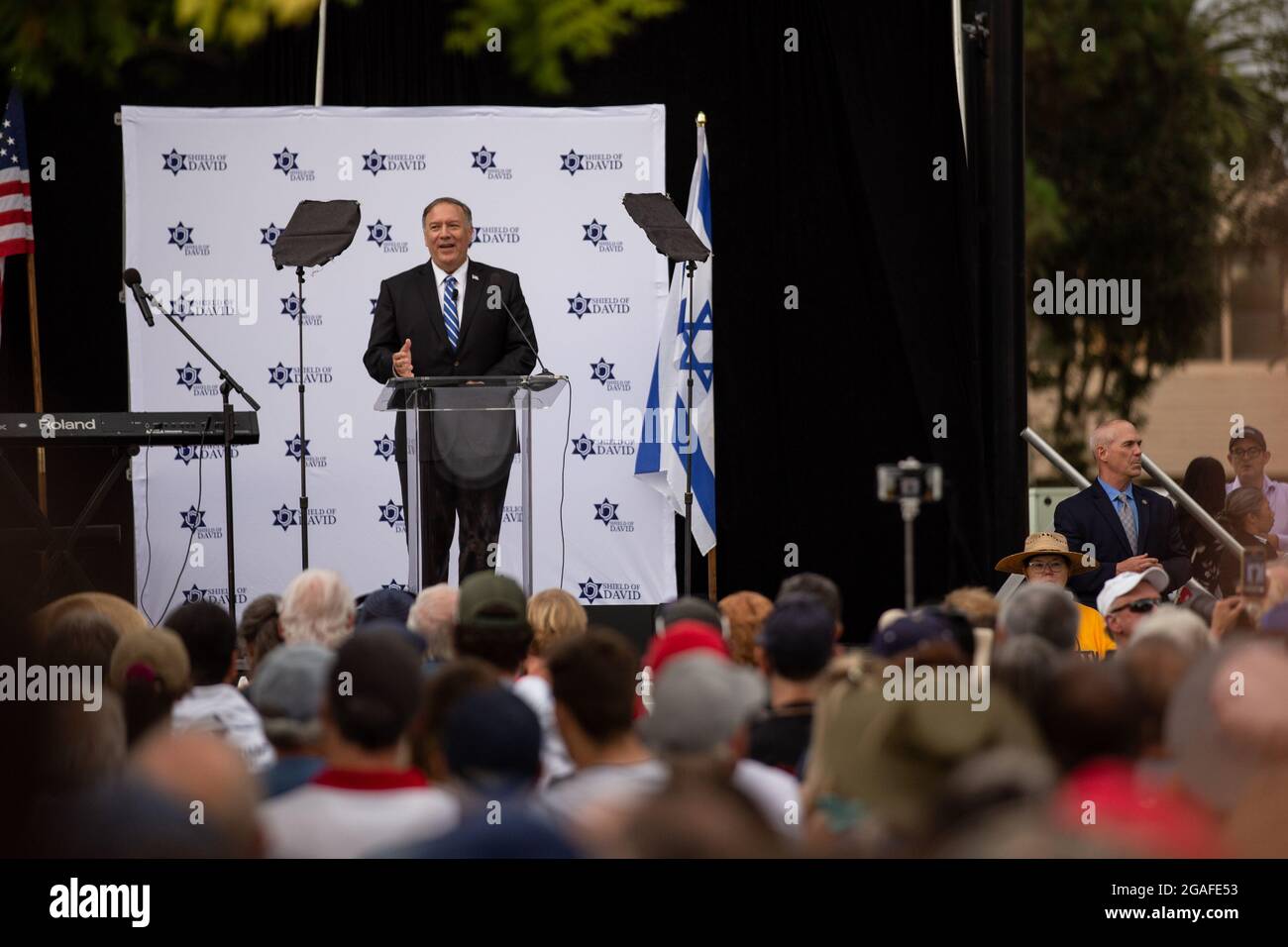 USA. 25th July, 2021. Former Secretary of State Mike Pompeo speaks during the “We Are Israel” rally in El Cajon, CA on Sunday, July 25, 2021. Pompeo was the keynote speaker at the rally, which according to non-profit Shield of David, was created to “rally with Jews and Christians who boldly reject anti-Semitism and support Judeo-Christian values.” (Photo by Kristian Carreon/Sipa USA) Credit: Sipa USA/Alamy Live News Stock Photo