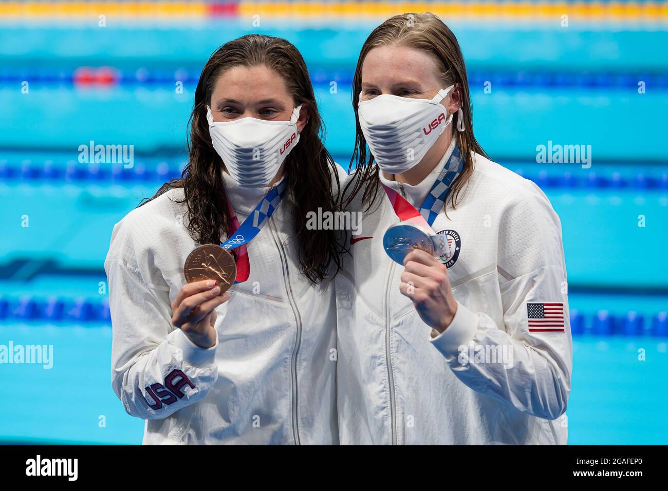 Tokyo, Japan. 30th July, 2021. TOKYO, JAPAN - JULY 30: Lilly King of United States, silver and Annie Lazor of United States, bronze, show the medals after competing in the women 200m Breaststroke final during the Tokyo 2020 Olympic Games at the Tokyo Aquatics Centre on July 30, 2021 in Tokyo, Japan (Photo by Giorgio Scala/Orange Pictures) Credit: Orange Pics BV/Alamy Live News Stock Photo