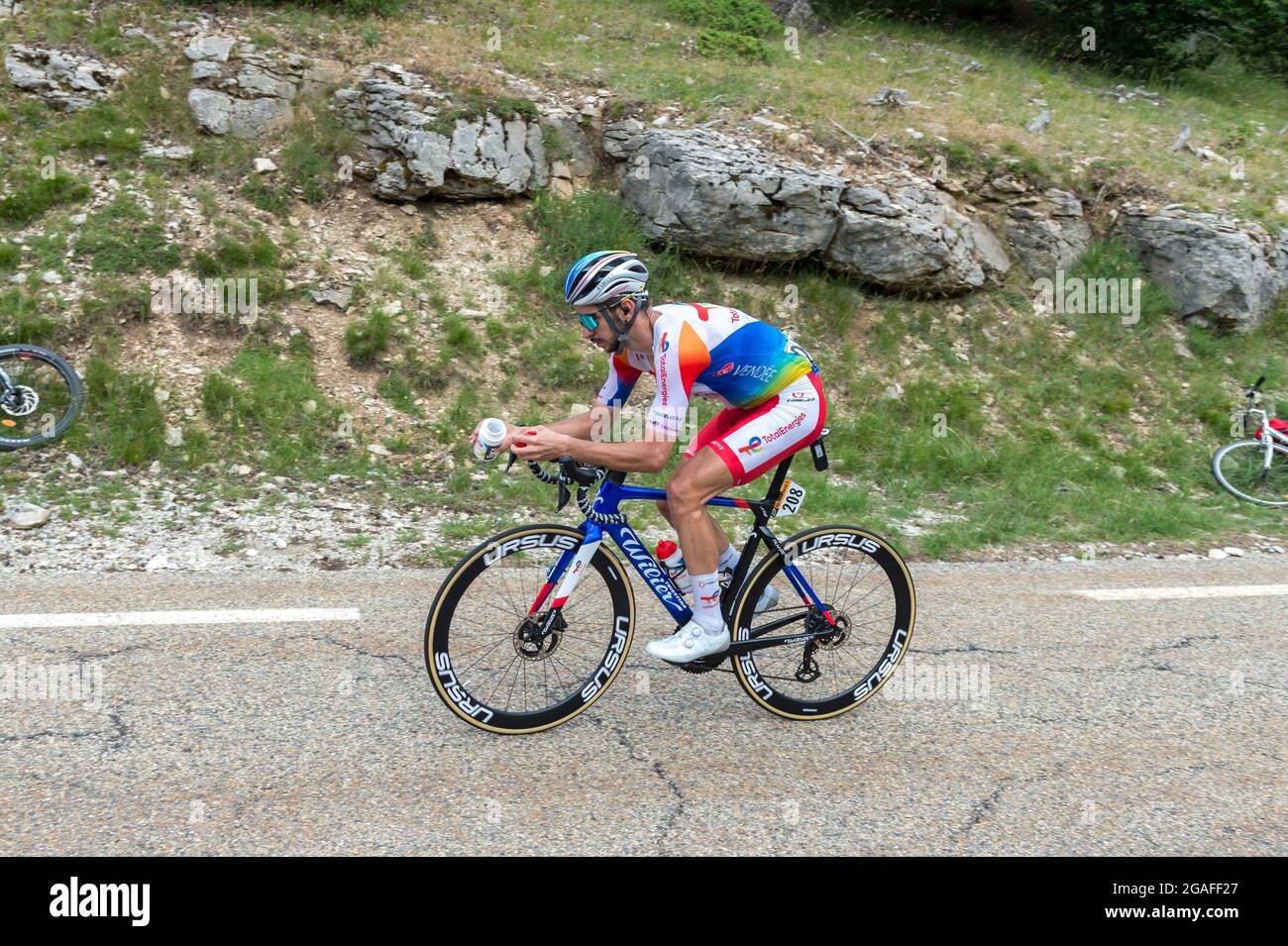 Malaucene, France. 07th July, 2021. Anthony Turgis (team TotalEnergies) in action during the 11th stage of 2021 Tour de France.The 11th stage of the Tour de France 2021 takes place between Sorgues and Malaucene and includes two ascents of Mont-Ventoux . The winner of the stage is Wout van Aert (Jumbo Visma team) and the final winner of the general classification of the 2021 Tour de France is the Slovenian rider of the UAE Team Emirates Tadej Pogacar. (Photo by Laurent Coust/SOPA Images/Sipa USA) Credit: Sipa USA/Alamy Live News Stock Photo